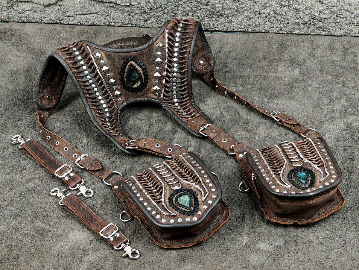 Brown Leather Holster Bag with Gemstones Unisex Steampunk Harness