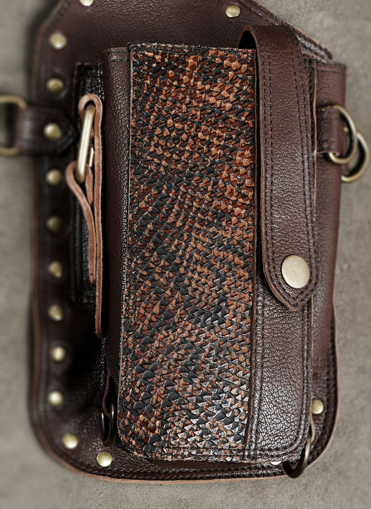 Unisex leather body rig bag with dual pockets for music festivals and cosplay outfits.