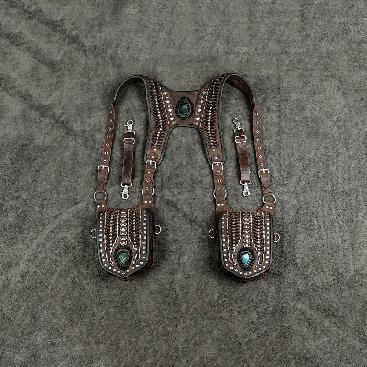 Brown Leather Holster Bag with Gemstones Unisex Steampunk Harness