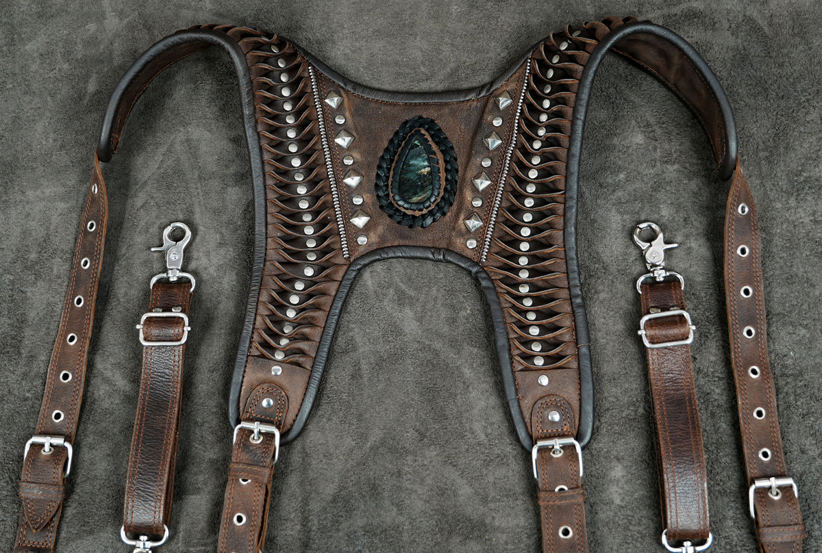 Brown Leather Holster Bag with Gemstones Unisex Steampunk Harness