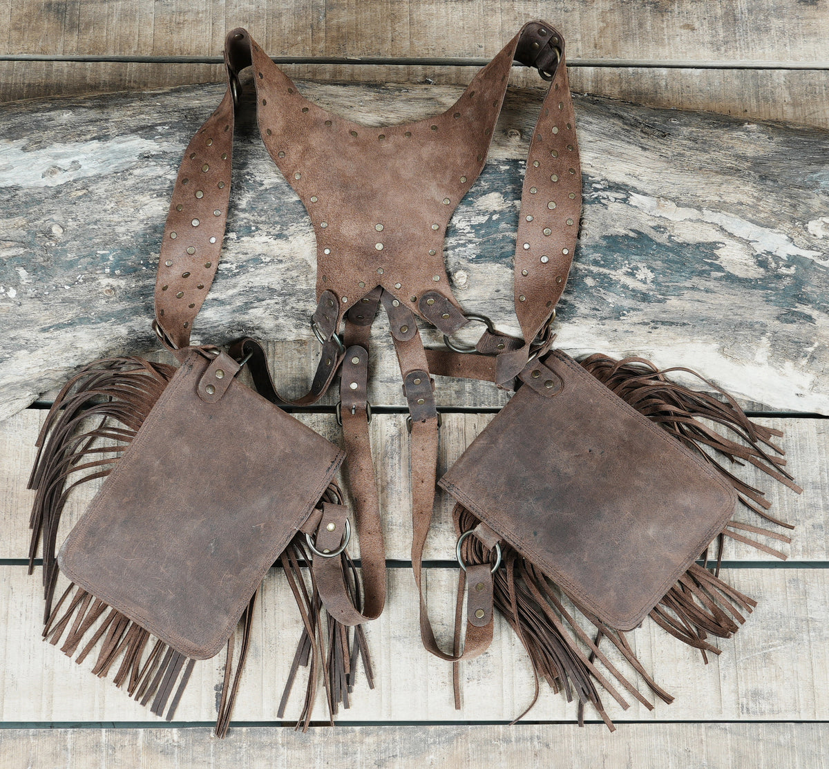 Brown Leather Chest Harness Bag with Fringe Pockets and Studded Yoke