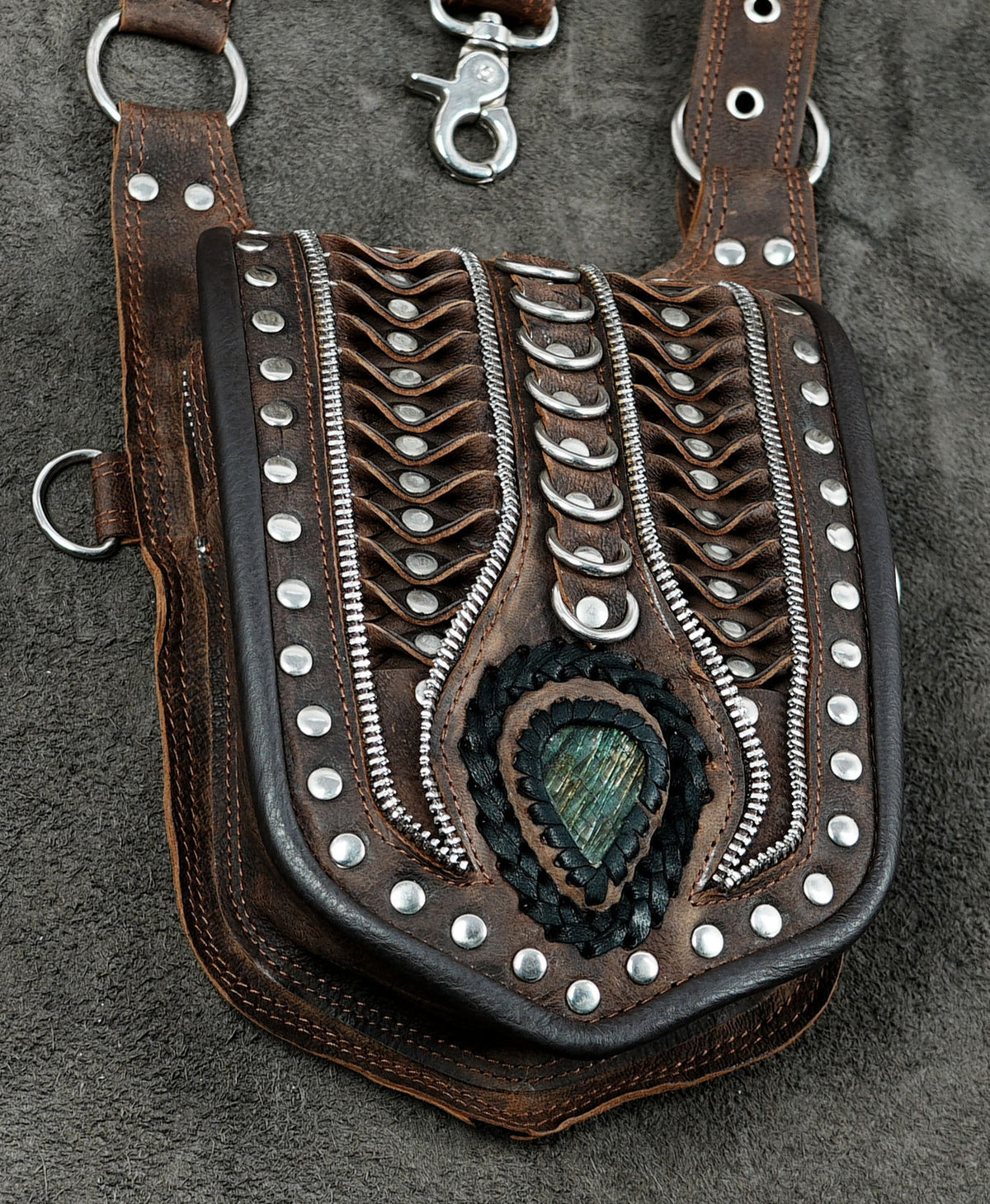 Brown Leather Holster Bag with Gemstones Unisex Steampunk Harness