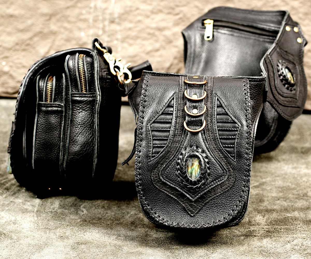 Handmade black leather hip belt for festivals with stone embellished pockets
