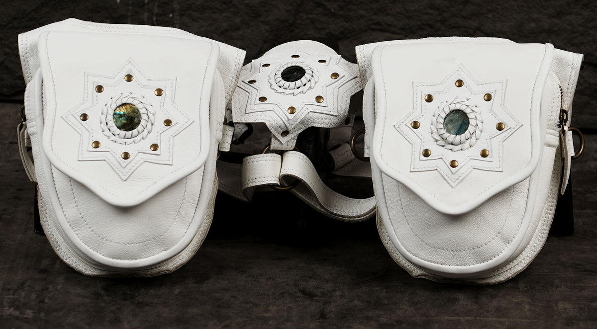 Celestial leather harness, star pattern close up view