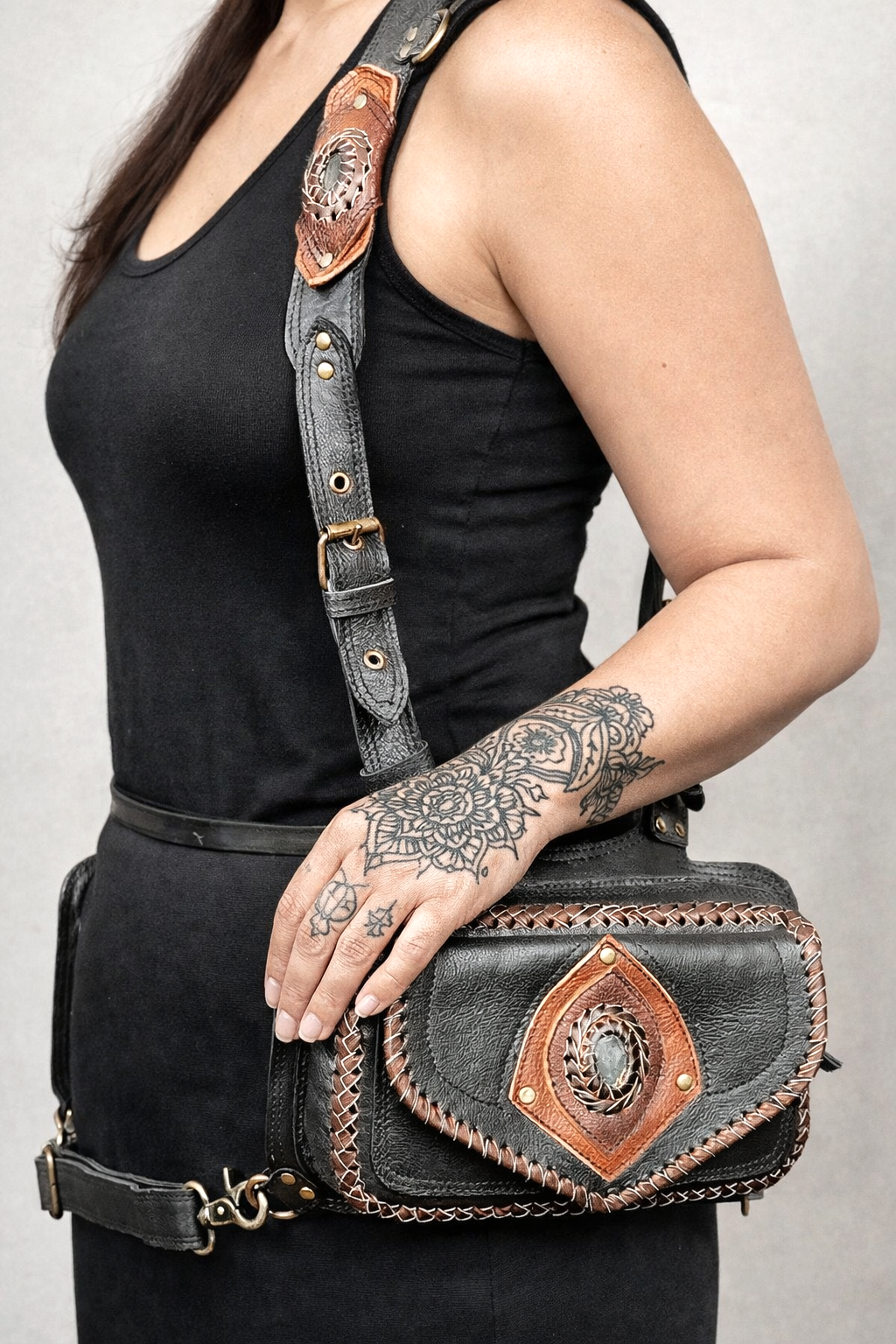 Leather Shoulder Harness Bag Natural Labradorite Unisex Festival Chest Rig