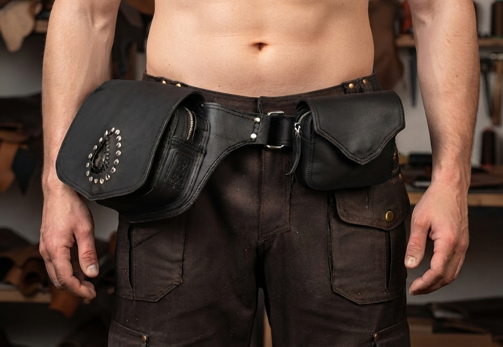 Compact leather waist pack with matching accessory pouch