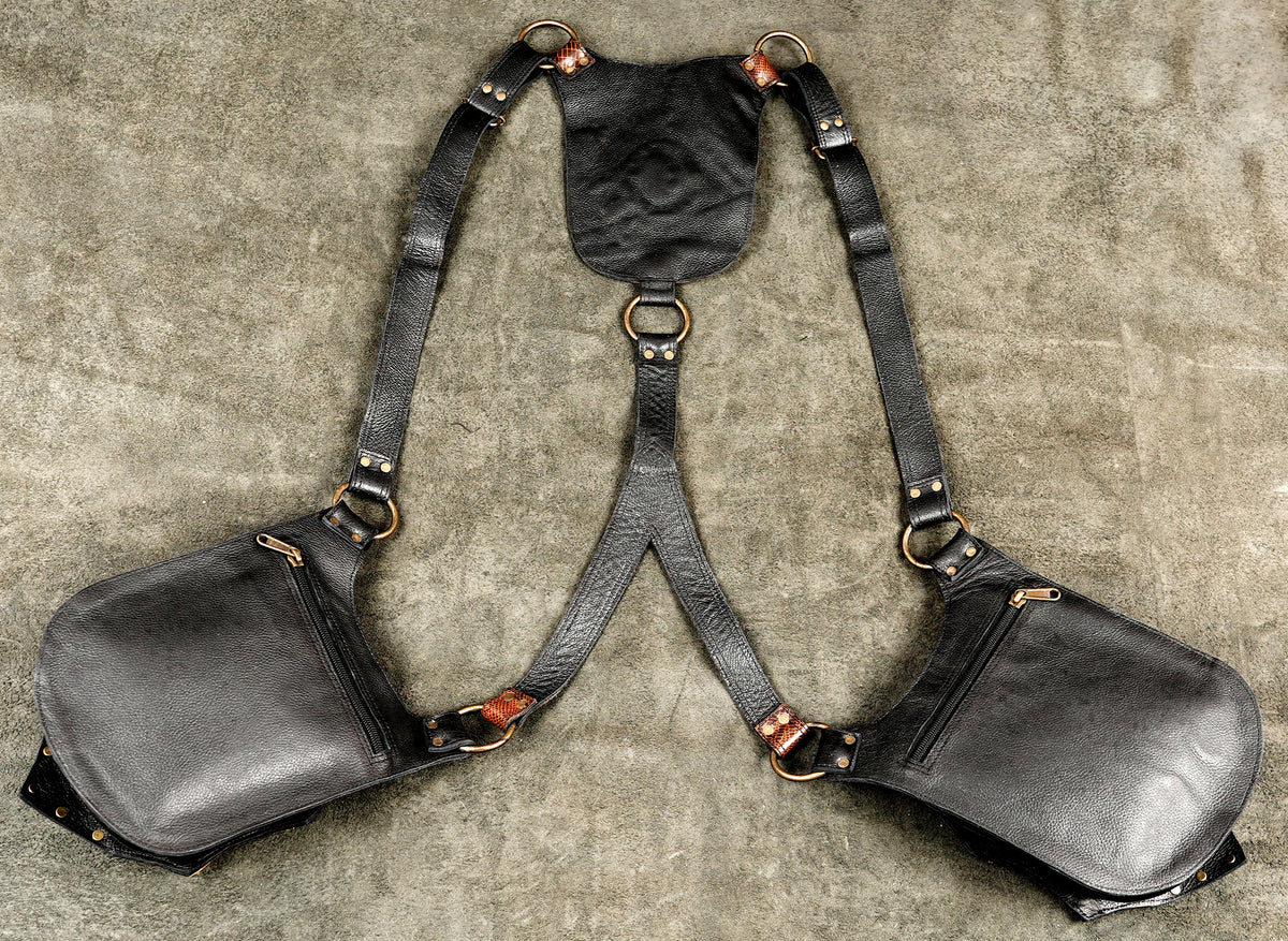Convention ready leather harness, full flat lay view