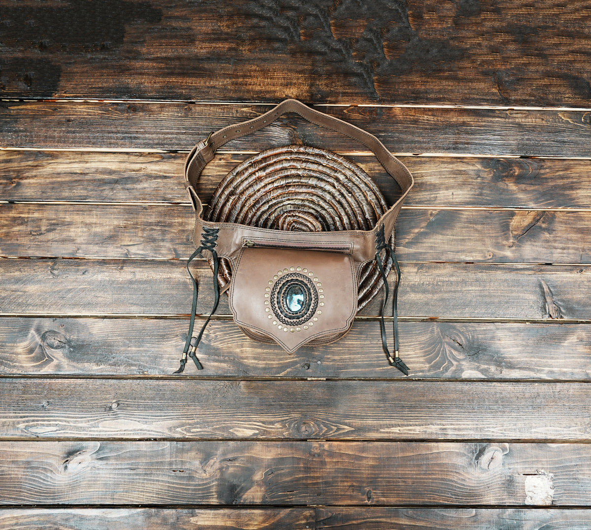 Corset laced leather waist bag with labradorite stone detail