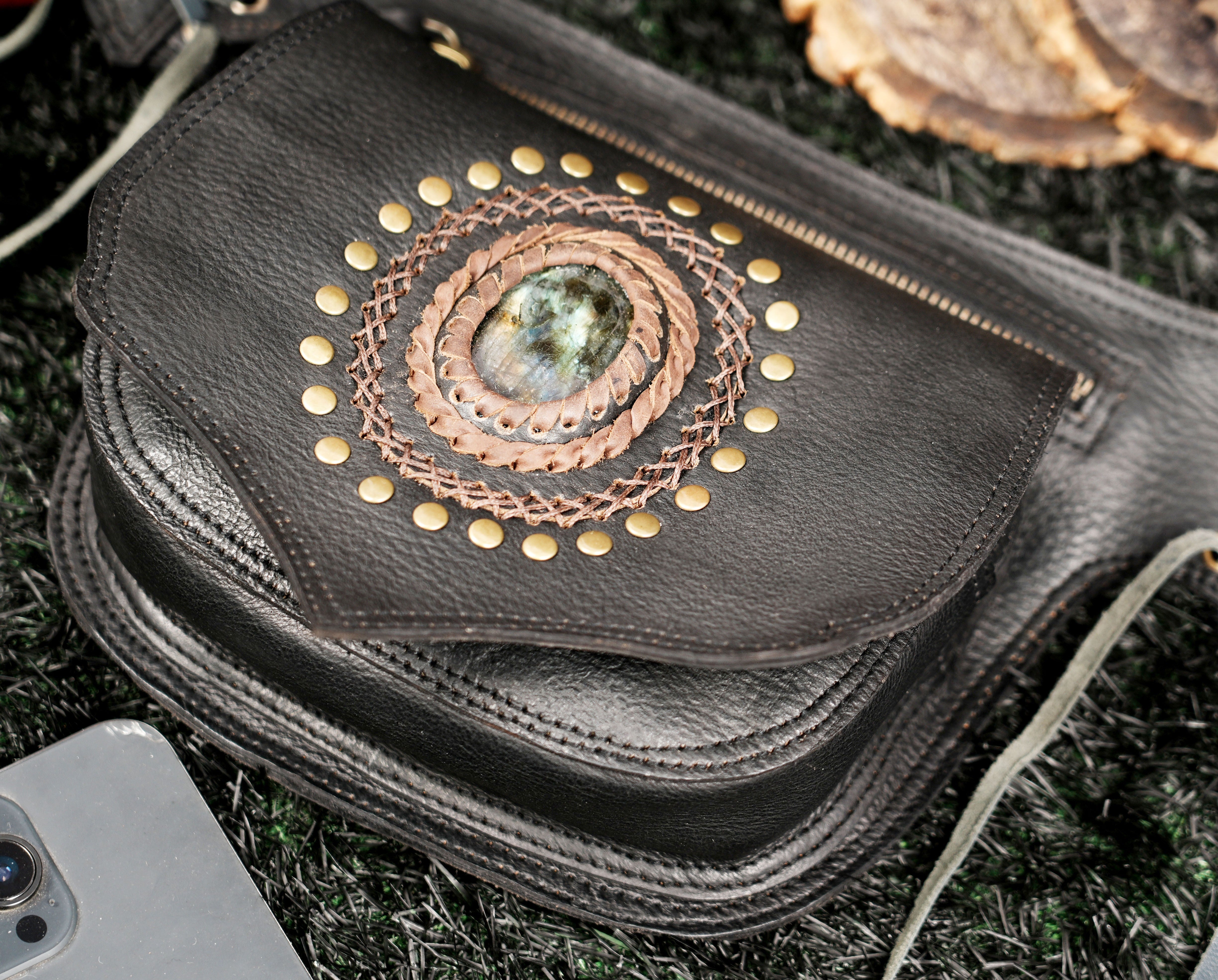 Corset style leather pouch with natural stone and brass studs
