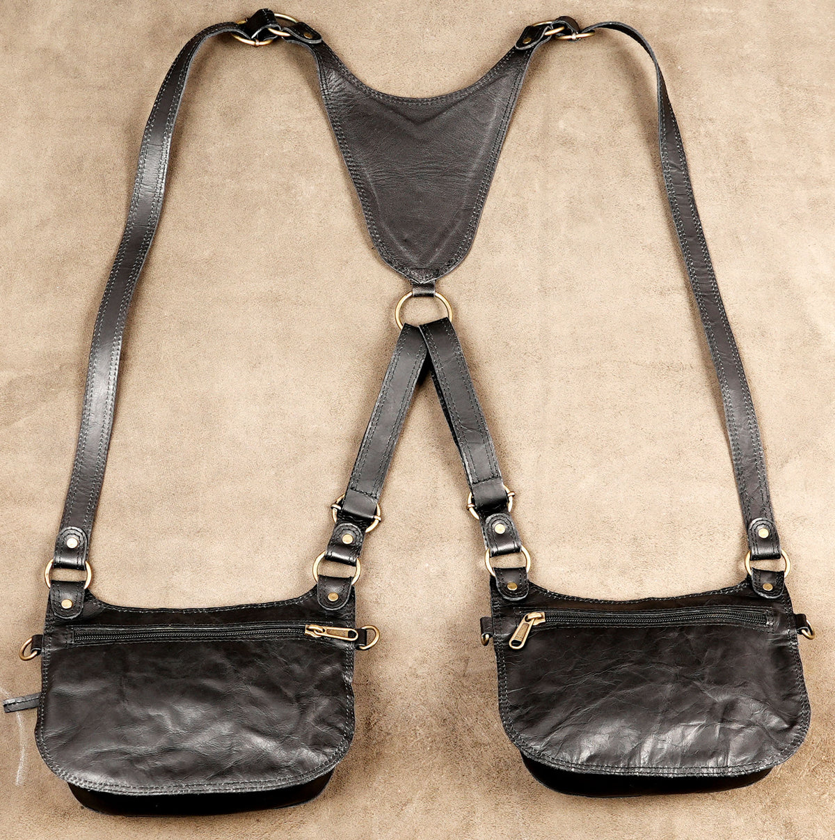Handmade Black Leather Double Holster Pouch with Secure Flap Closures