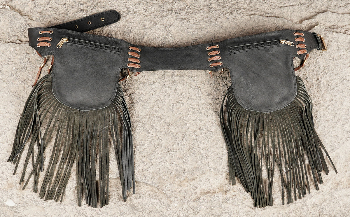 Cowgirl style leather belt with fringe and natural crystal stones
