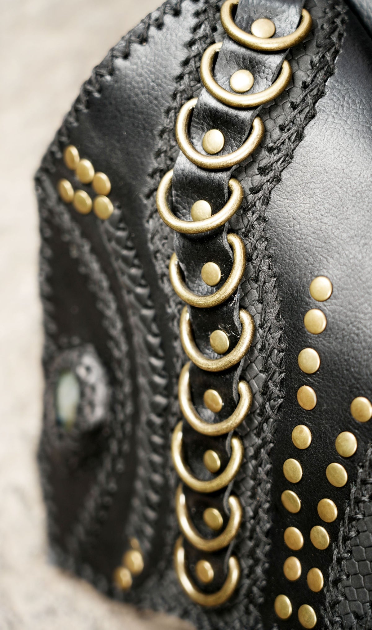 Black Leather Shoulder Holster Bag with Studded Dual Pouches
