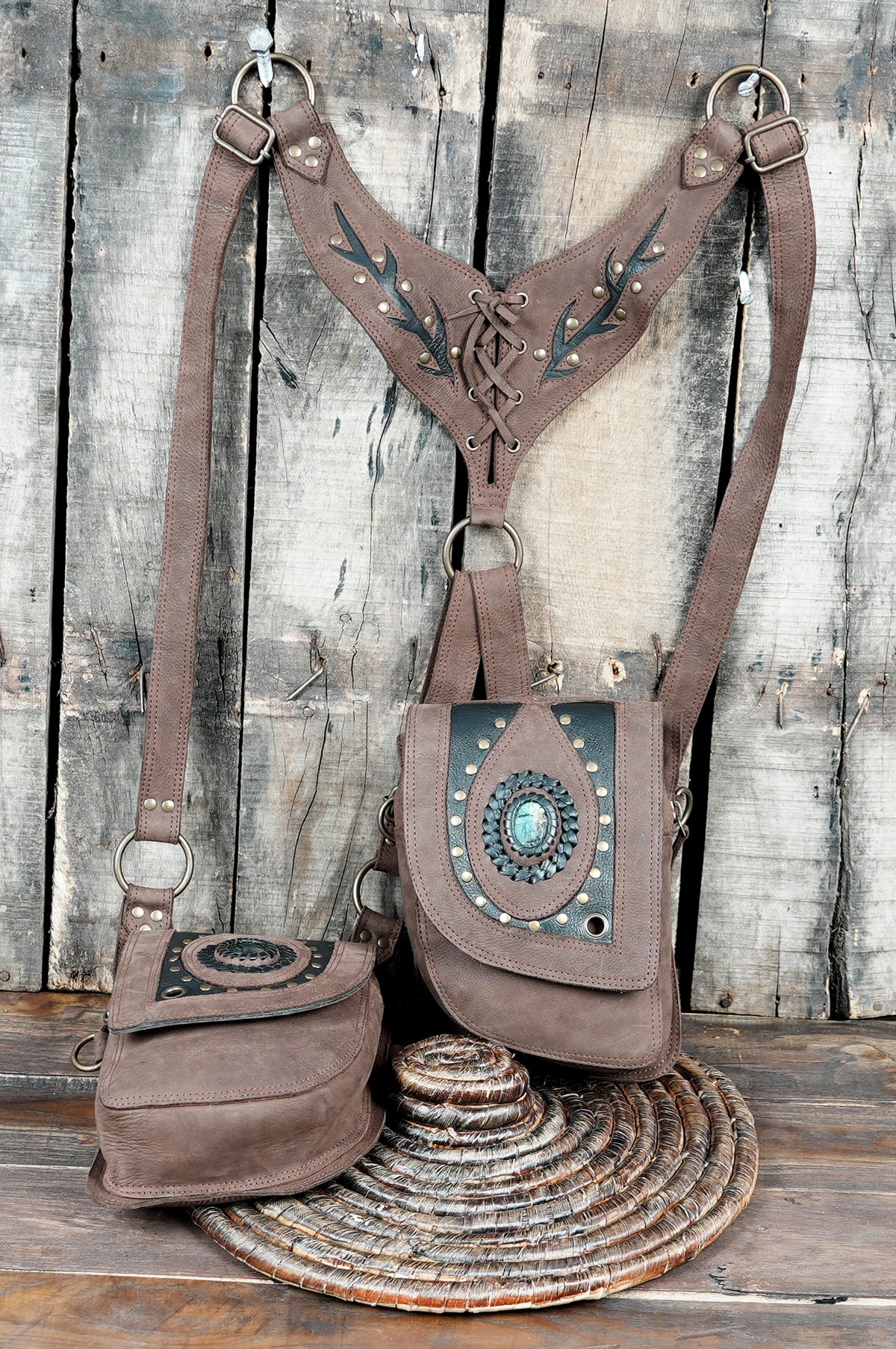 Boho leather double holster chest bag for men and women