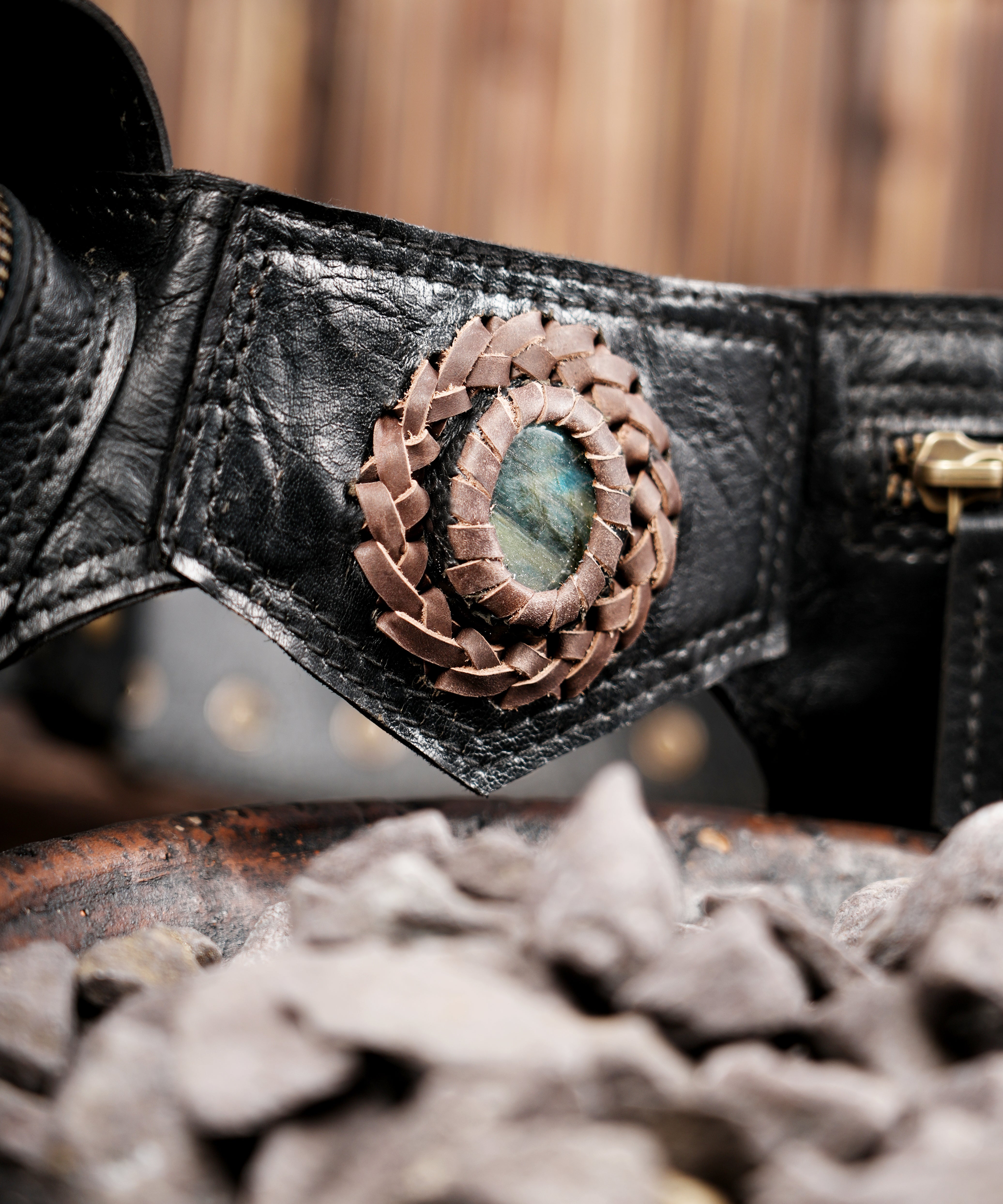 Black festival waist belt with zipper pocket and snap pouches