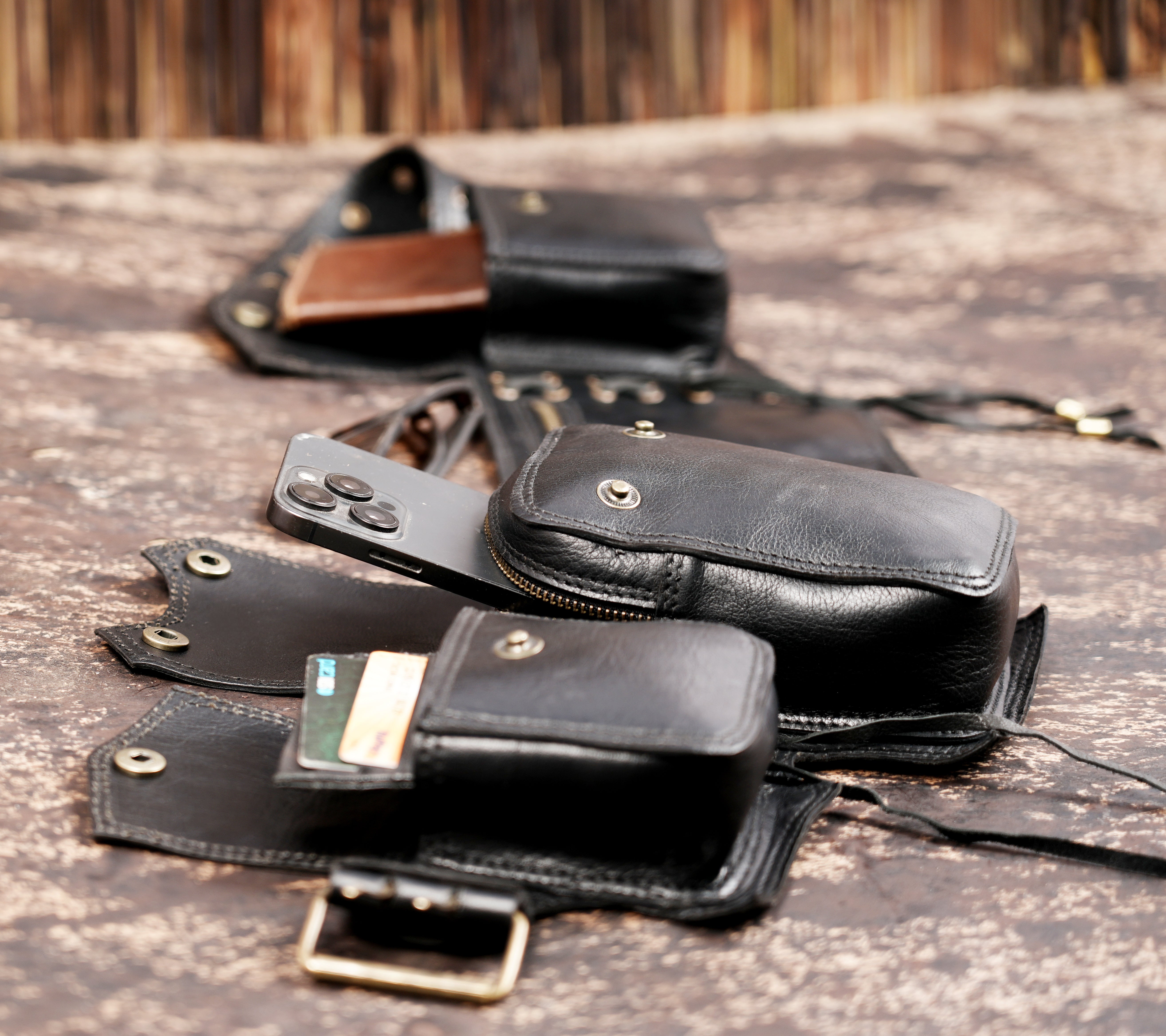 Black leather utility waist belt with gemstone detail
