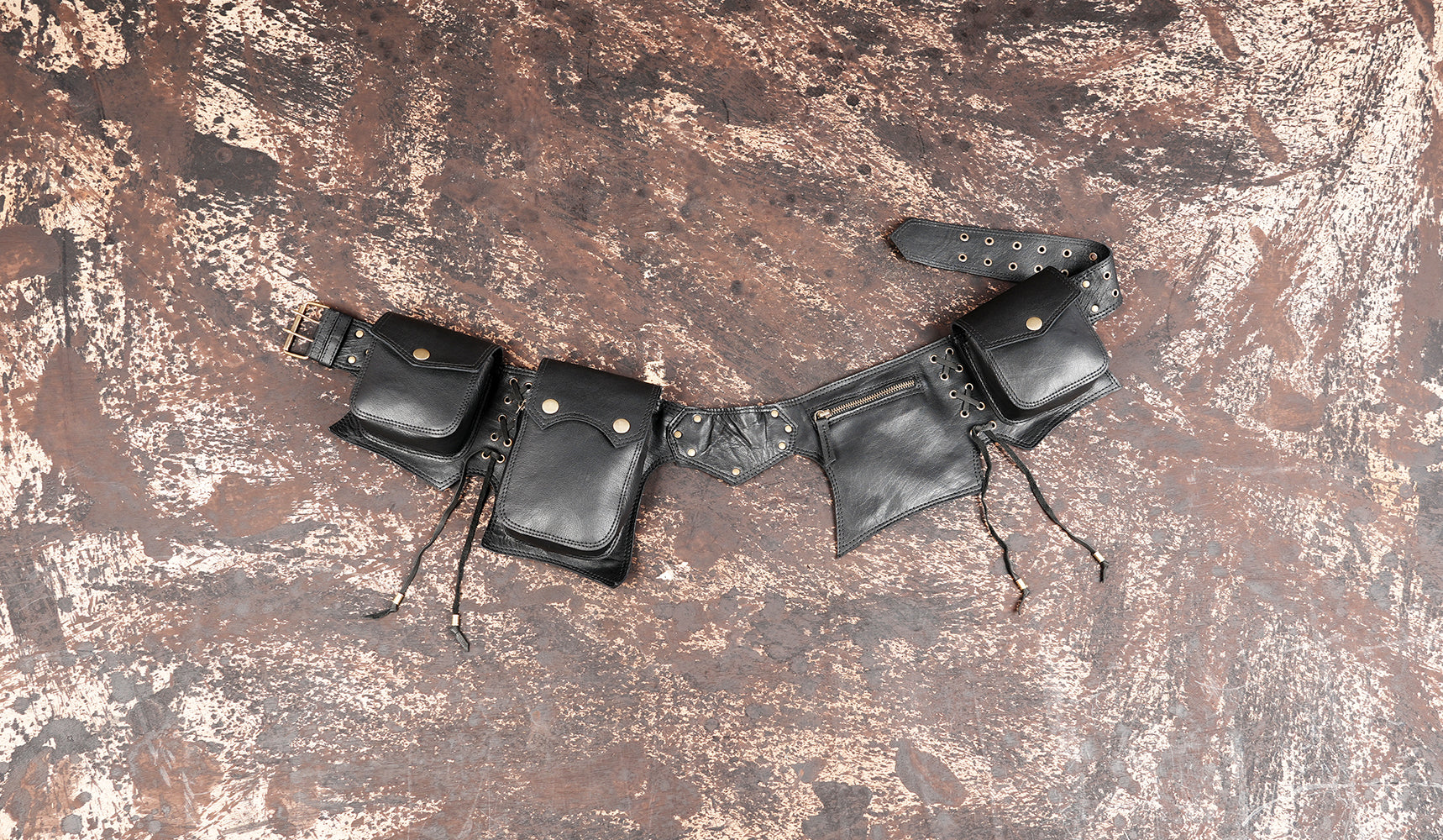 Black leather utility waist belt with multiple pockets