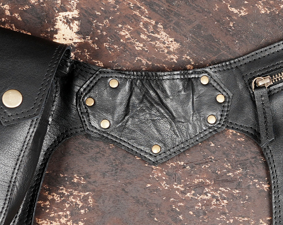 Steampunk style black leather utility belt with rivets