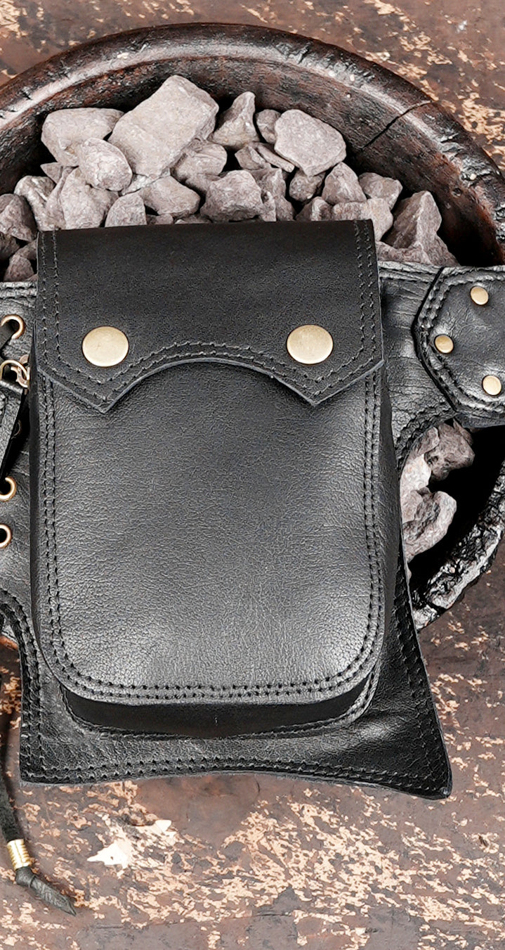 Black leather hip belt with zipper pocket and pouches
