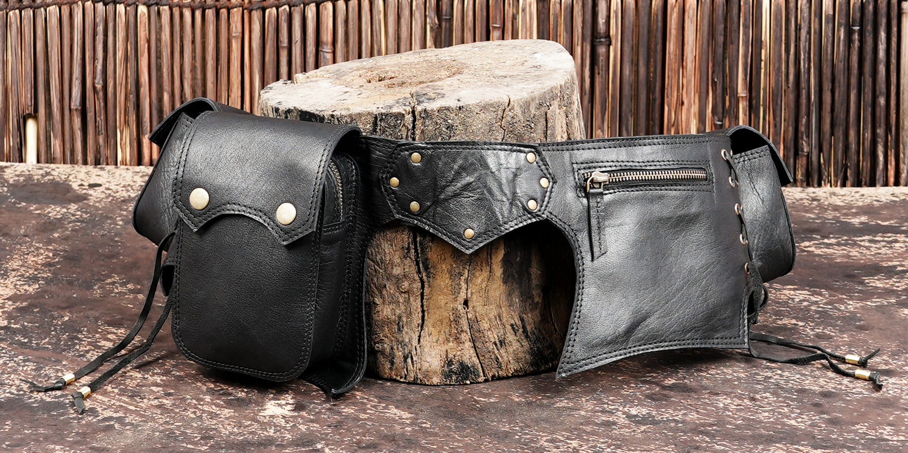 Unisex leather hip pouch belt with lace-up details