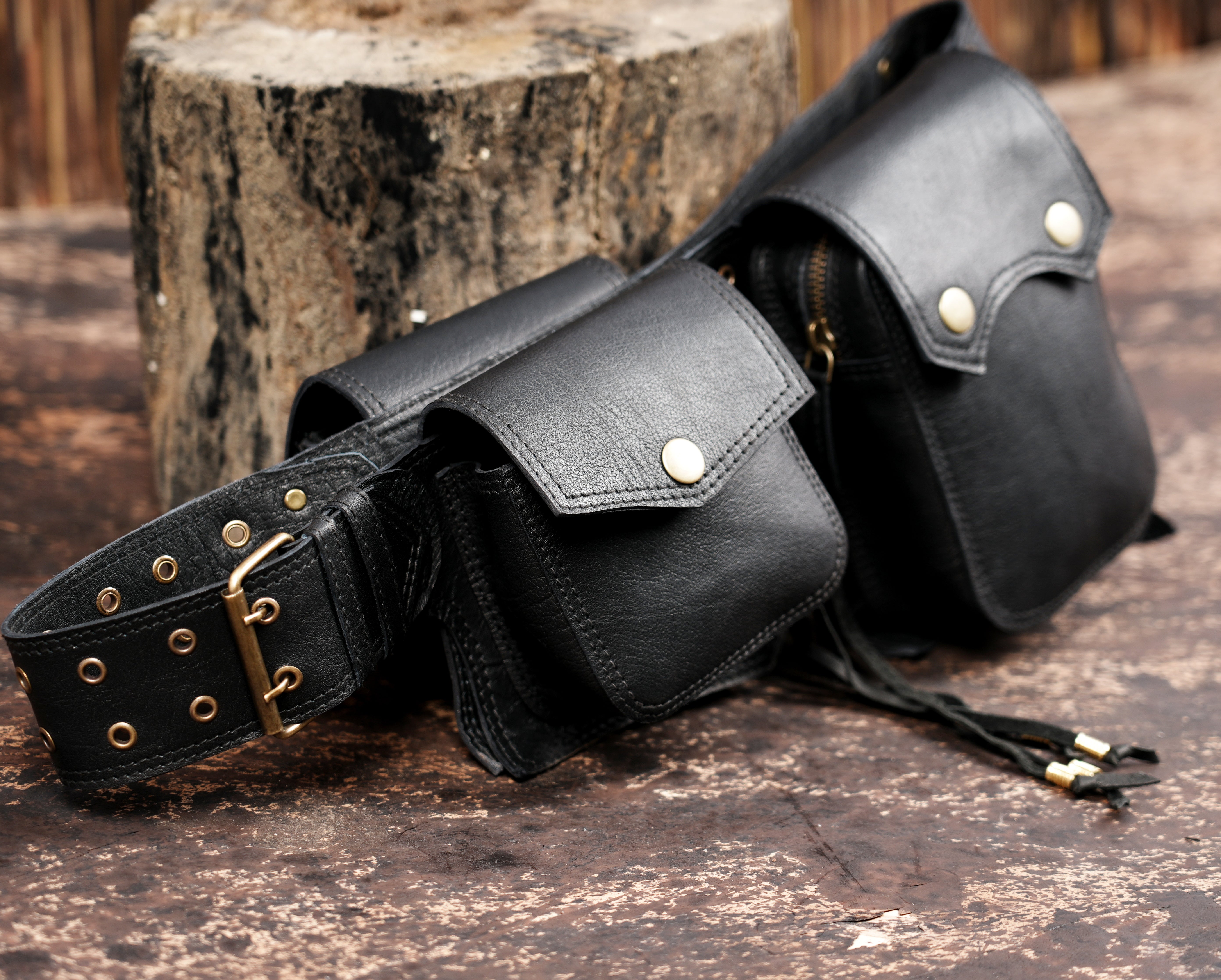 Durable leather waist belt with several compartments