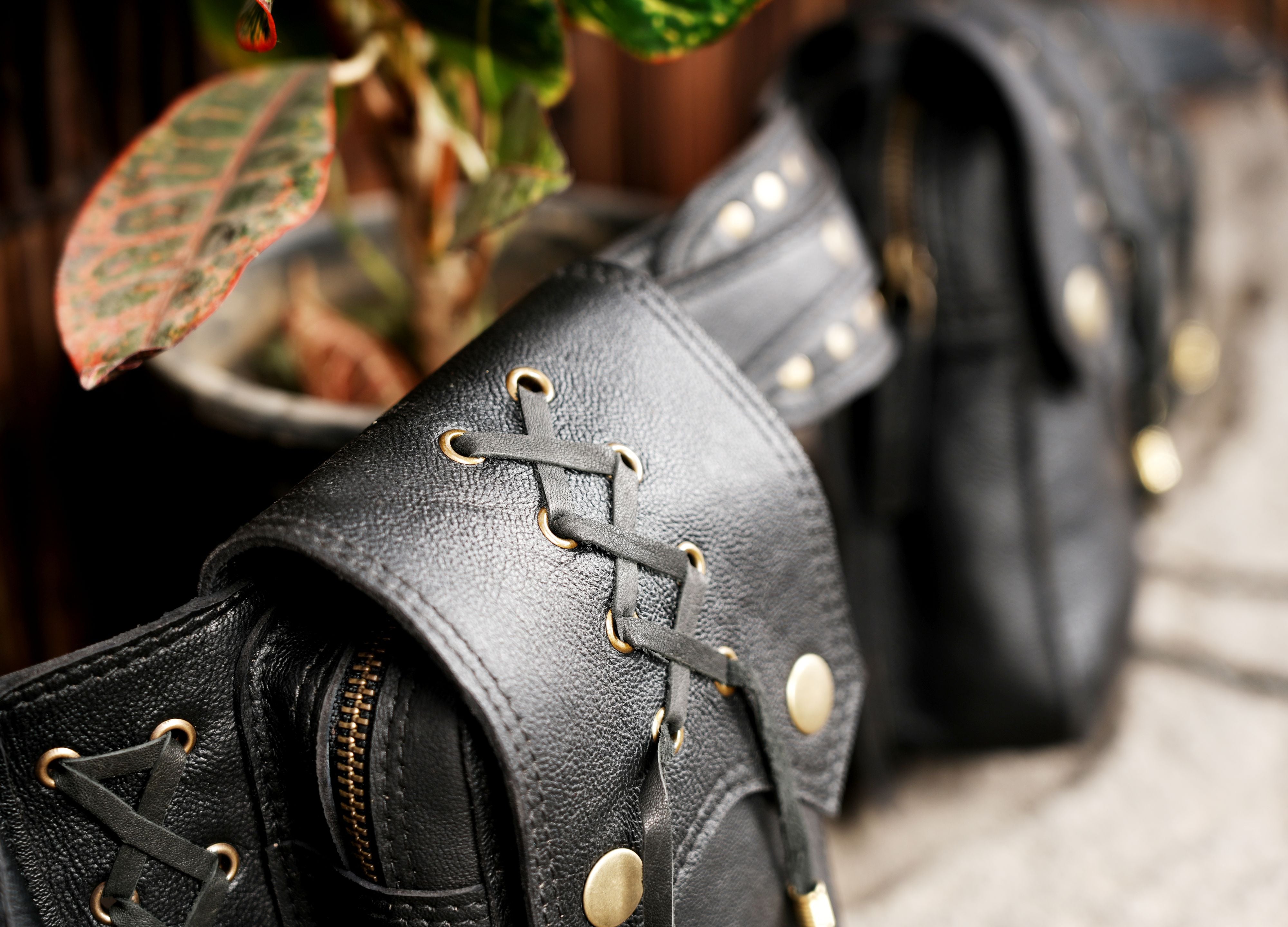 Black Leather Multi-Pocket Utility Waist Belt || Handmade Leather Festival Belt with Lace-Up Pouches (LT/AB/WB/6068)