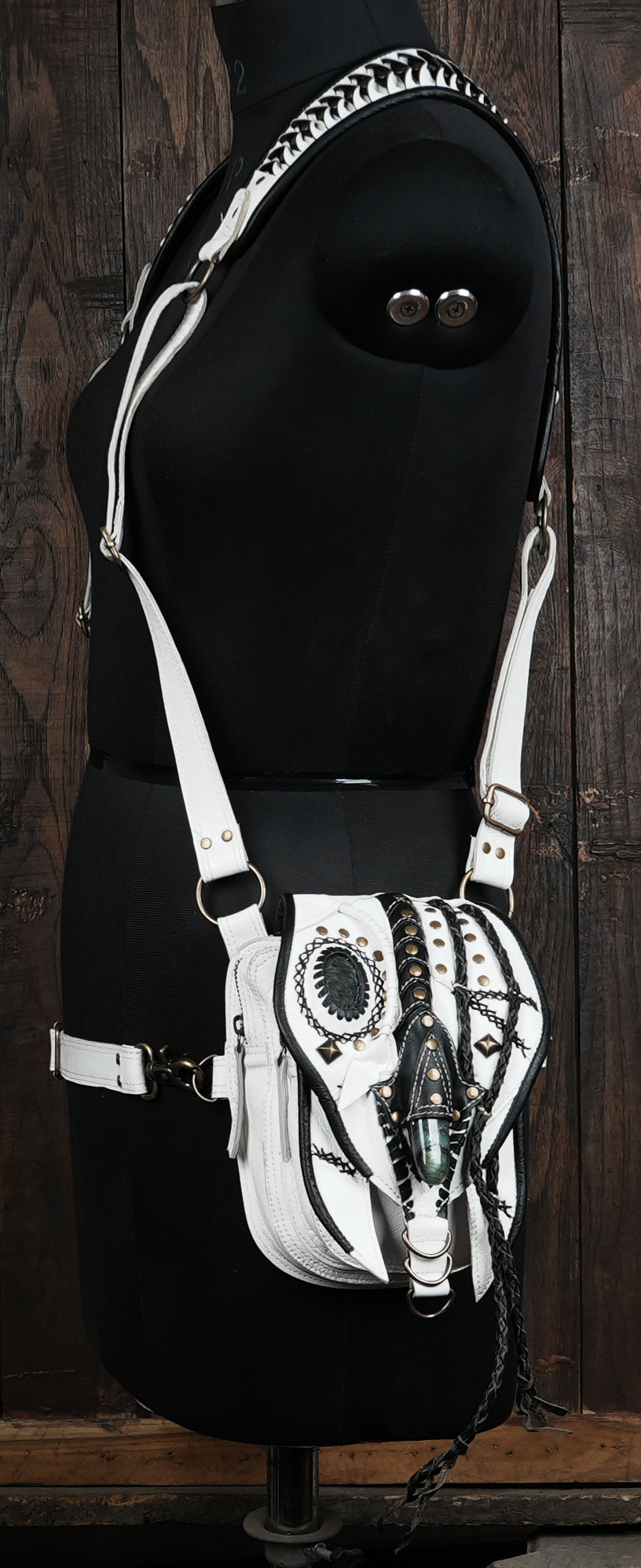 White leather Renaissance style holster with studs