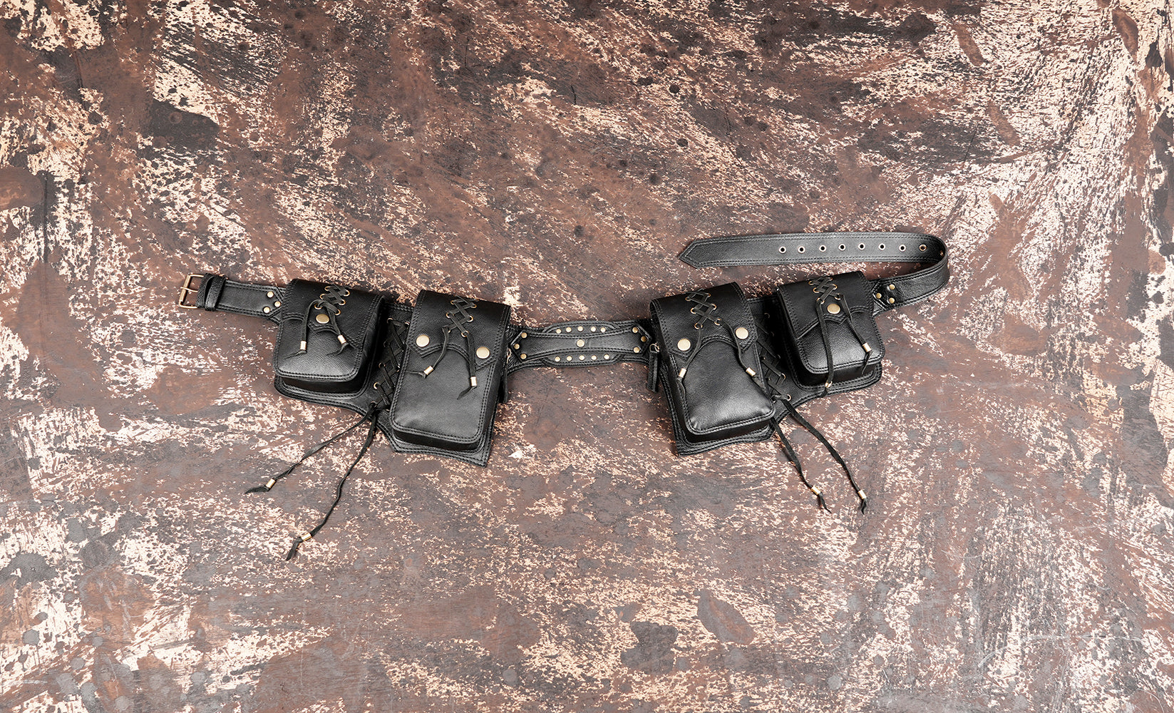 Black leather multi pocket waist belt with lace up detailing
