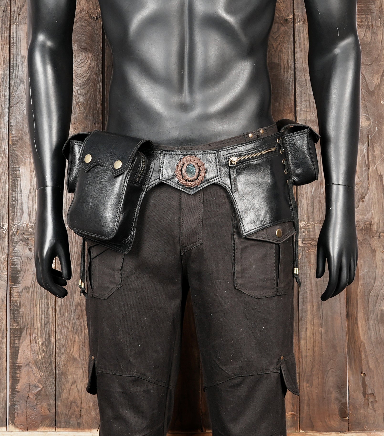 Multi compartment leather festival belt with gemstone design