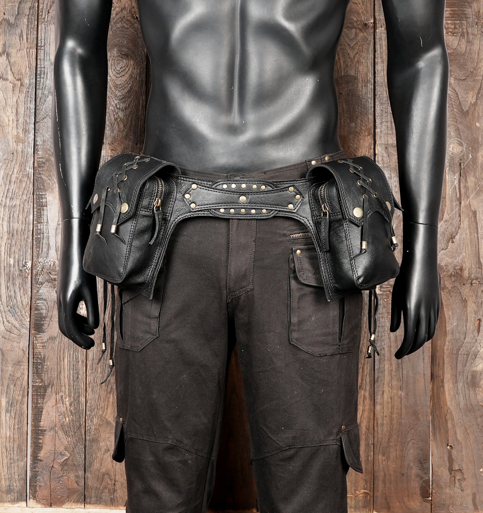 Handmade black leather adventure belt with storage