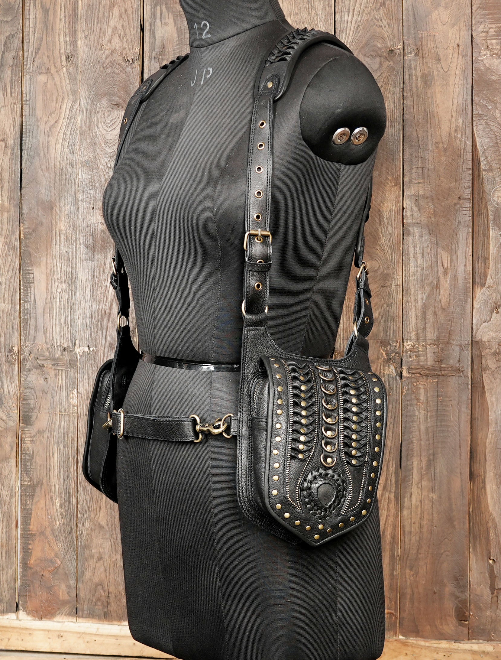Handmade Black Leather Shoulder Holster Harness with Dual Utility Pouches | Adjustable Chest Rig | Gothic Steampunk Leather Holster (LT/AB/HLS/6053)