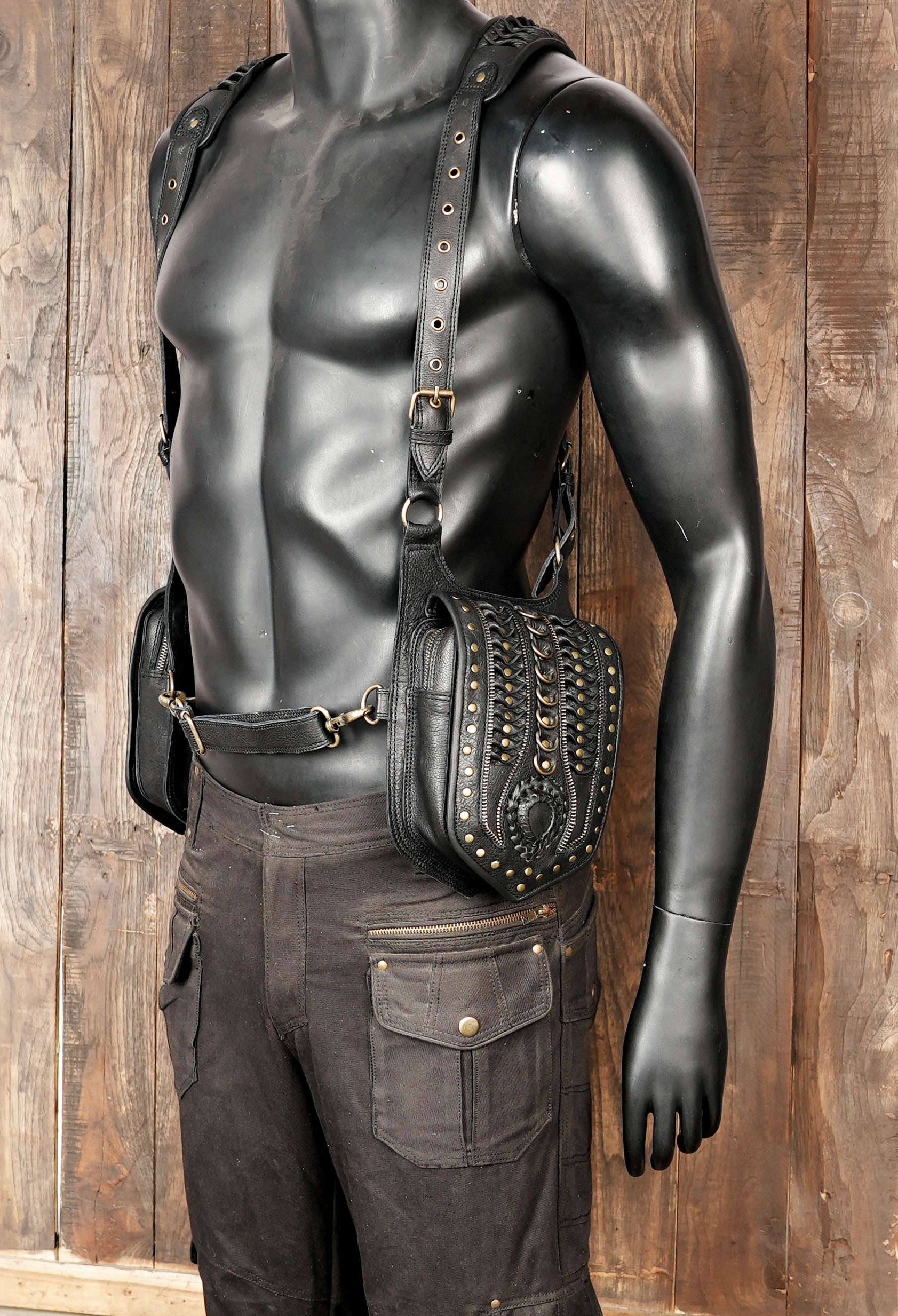 Handmade Black Leather Shoulder Holster Harness with Dual Utility Pouches | Adjustable Chest Rig | Gothic Steampunk Leather Holster (LT/AB/HLS/6053)