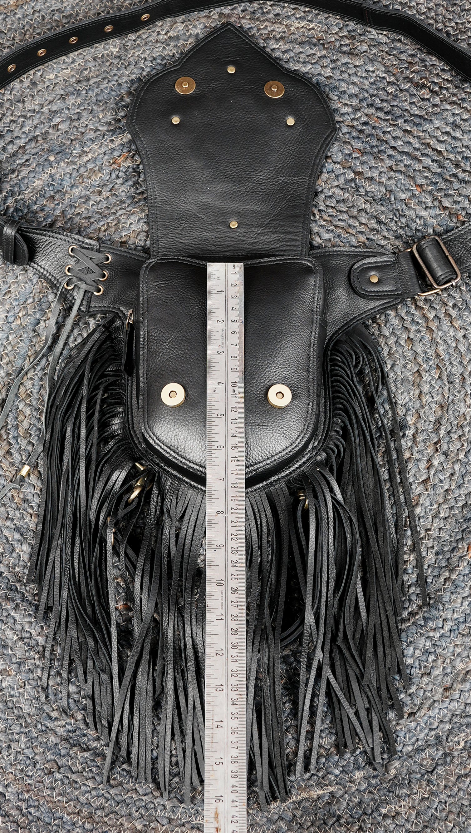 Fringe leather hip pouch with natural gemstone inlay