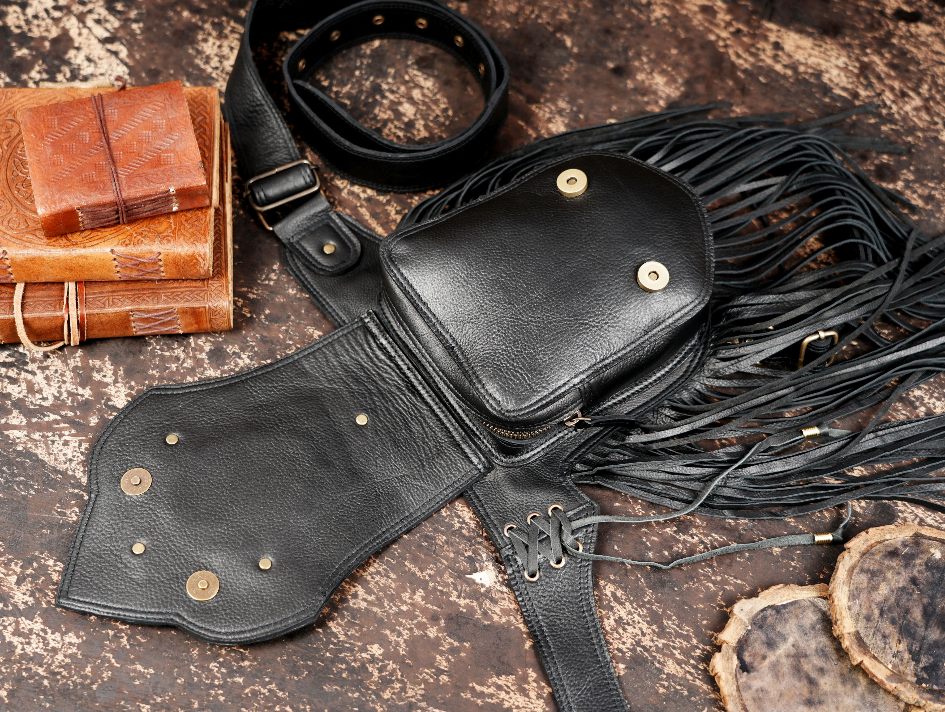 Tribal-inspired leather fringe belt with gemstone inlay