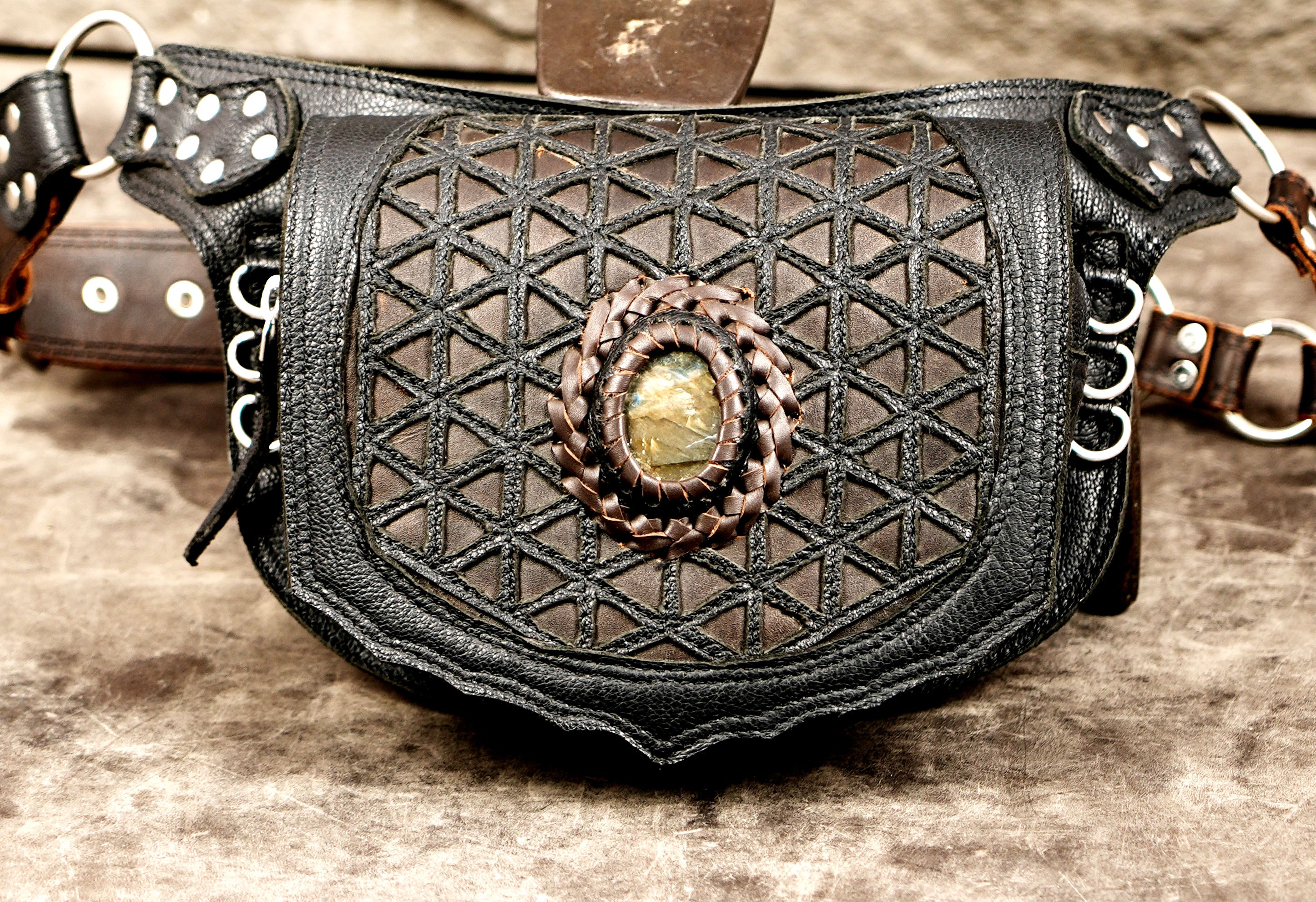 Handmade Leather Festival Waist Bag with Labradorite Stone, Sacred Geometry Hip Belt Pouch, Silver Hardware