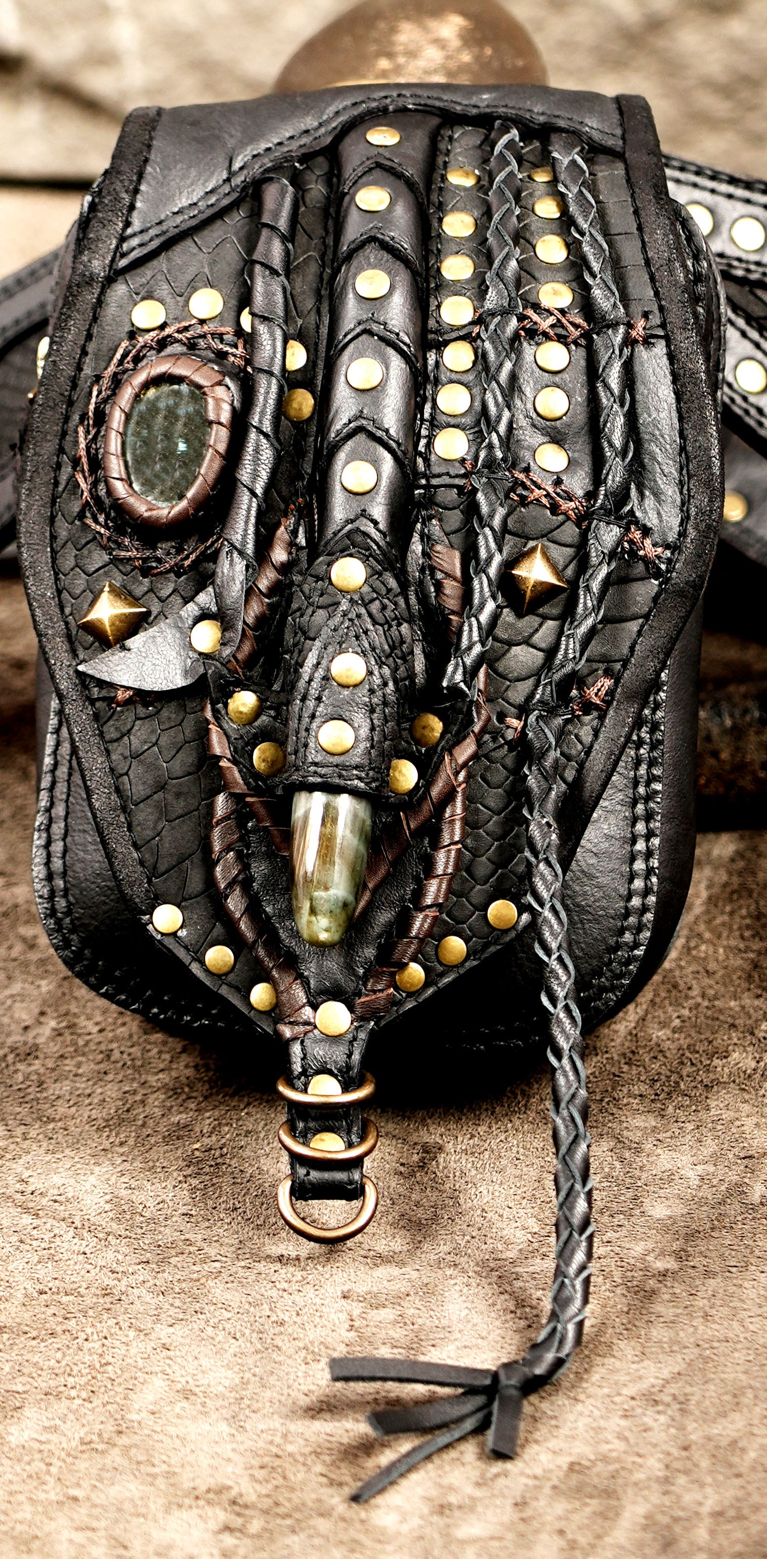Black leather waist pack with Labradorite crystal and handcrafted details