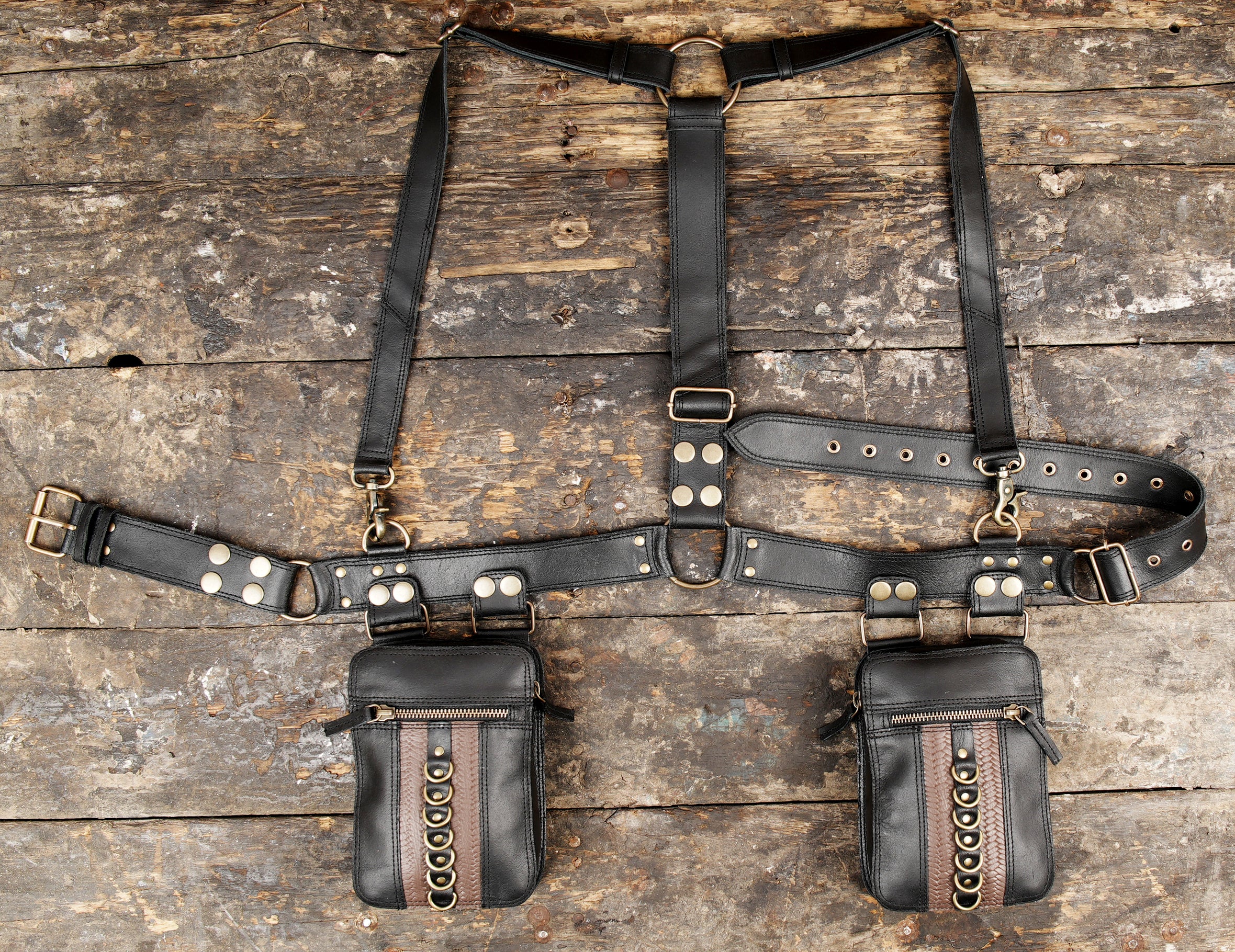 Steampunk Leather Utility Holster Bag | Dual Pocket Harness Belt | Adjustable Crossbody Festival & Travel Pouch for Men & Women