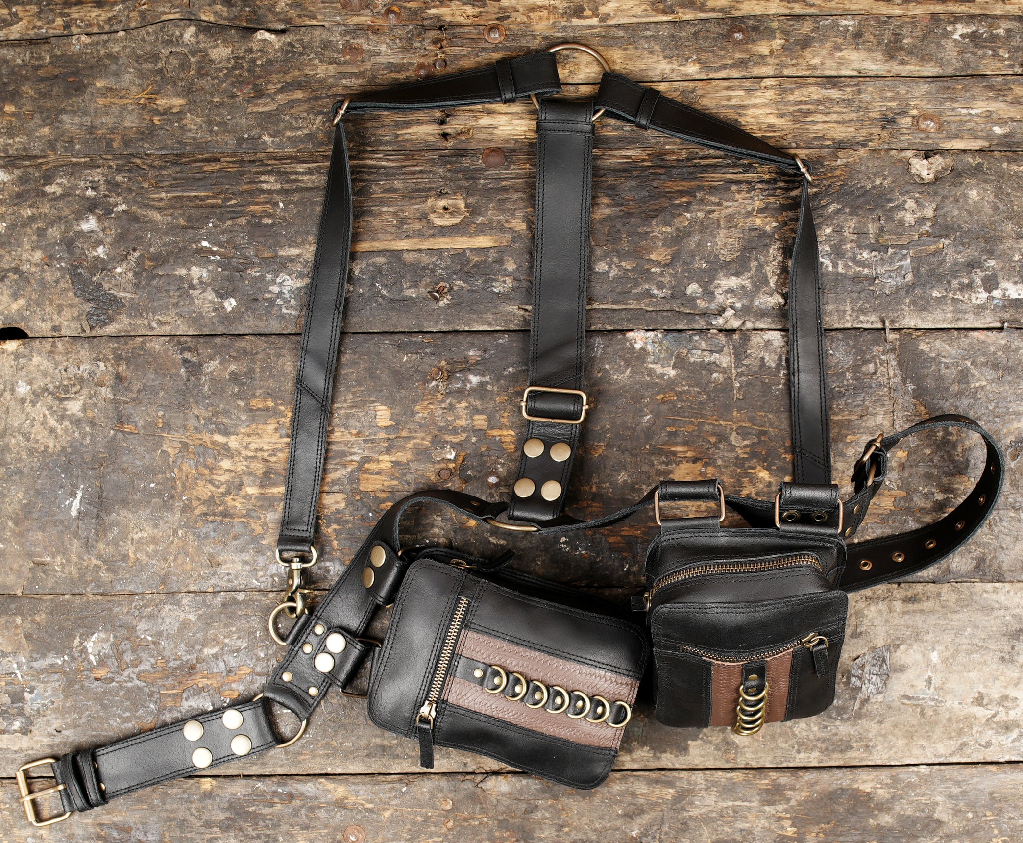 Steampunk Leather Utility Holster Bag | Dual Pocket Harness Belt | Adjustable Crossbody Festival & Travel Pouch for Men & Women