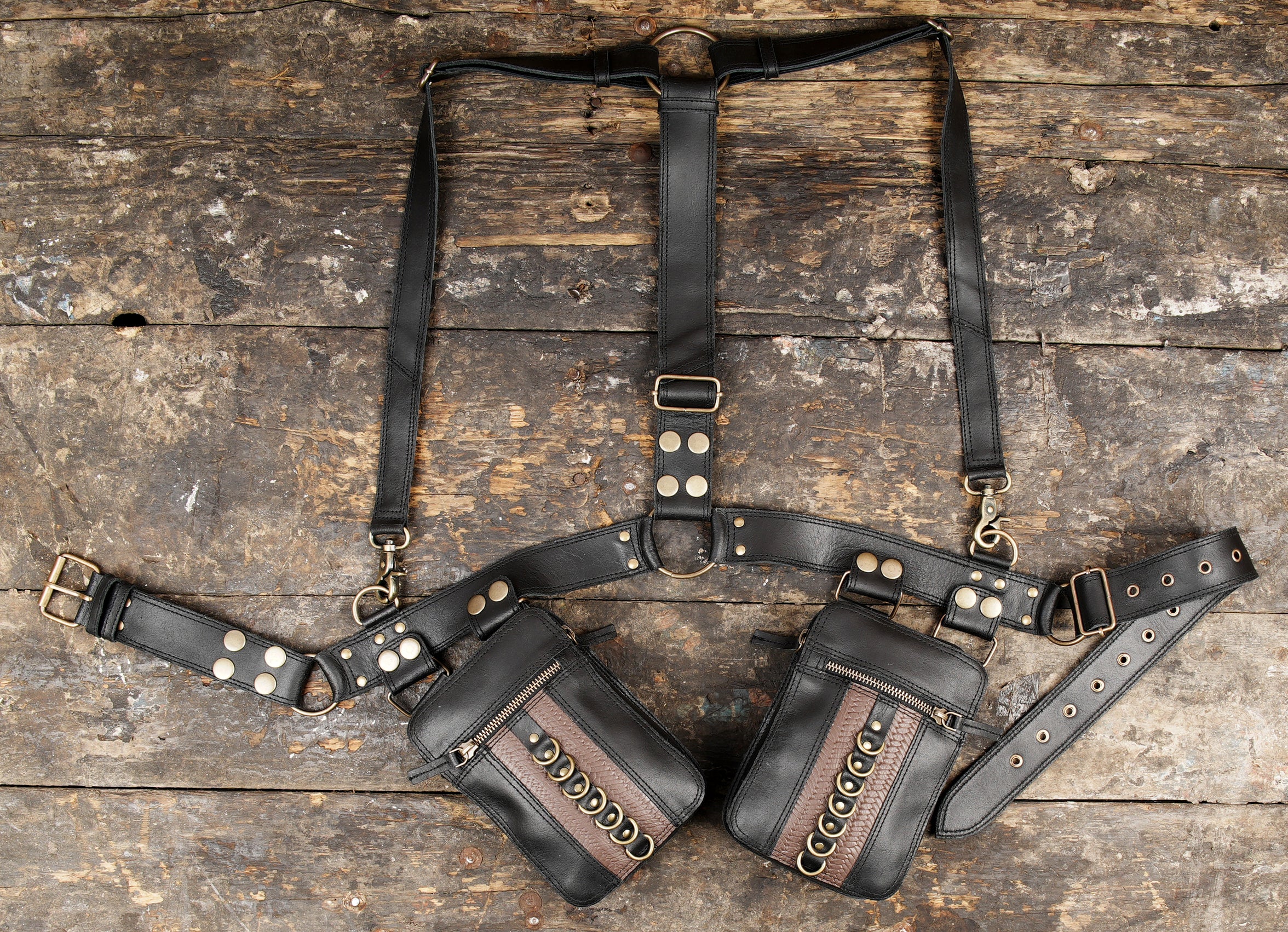 Steampunk Leather Utility Holster Bag | Dual Pocket Harness Belt | Adjustable Crossbody Festival & Travel Pouch for Men & Women
