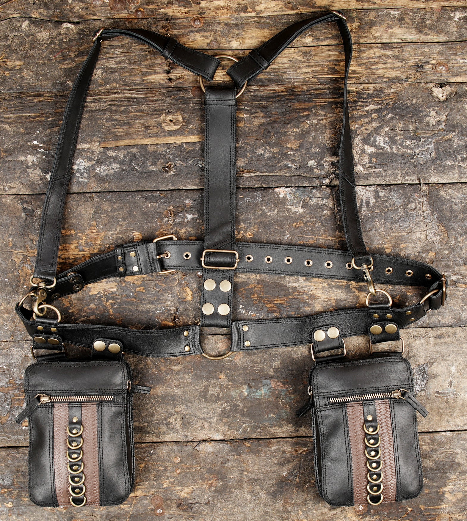 Steampunk Leather Utility Holster Bag | Dual Pocket Harness Belt | Adjustable Crossbody Festival & Travel Pouch for Men & Women