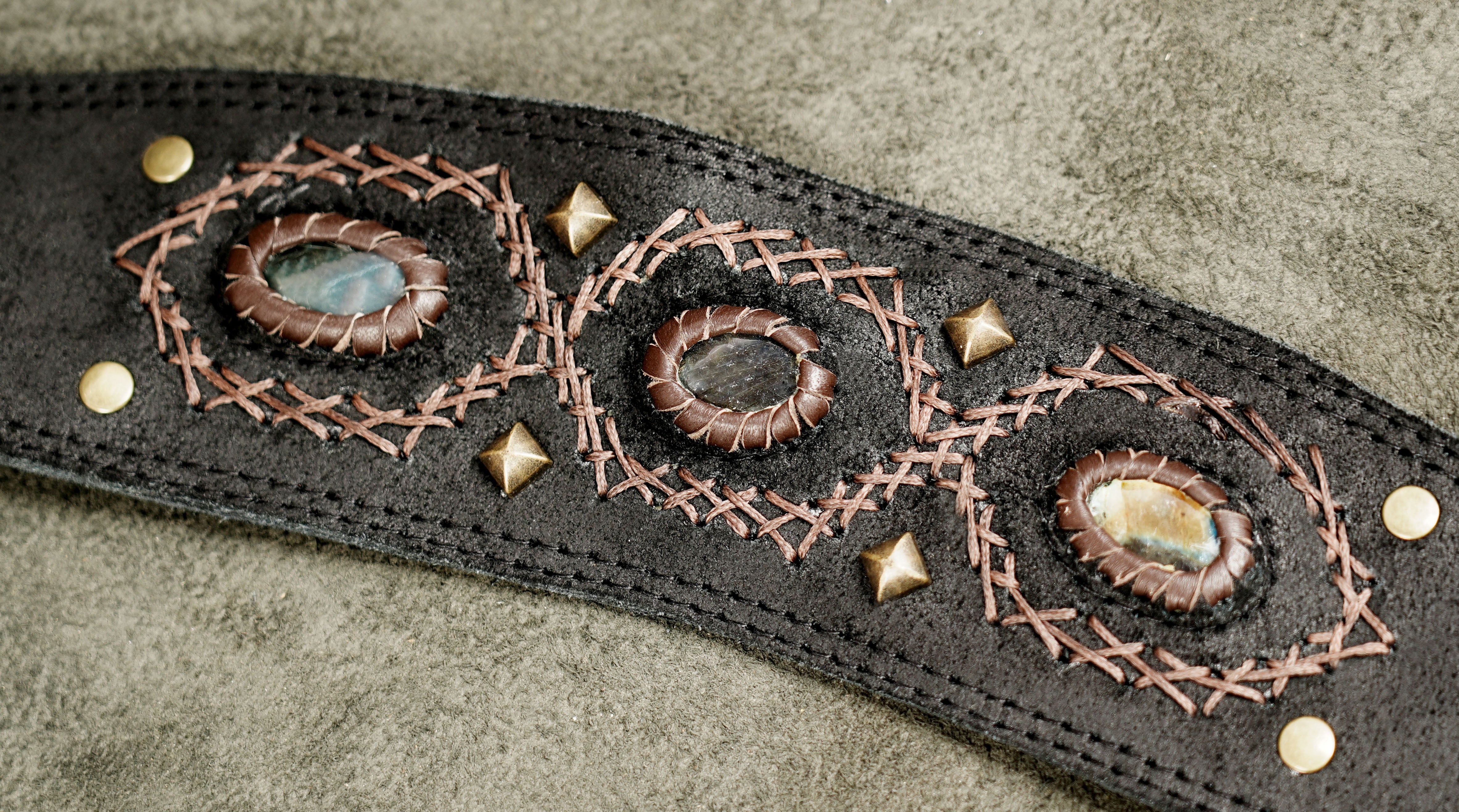 Boho Leather Shoulder Bag with Labradorite Stones