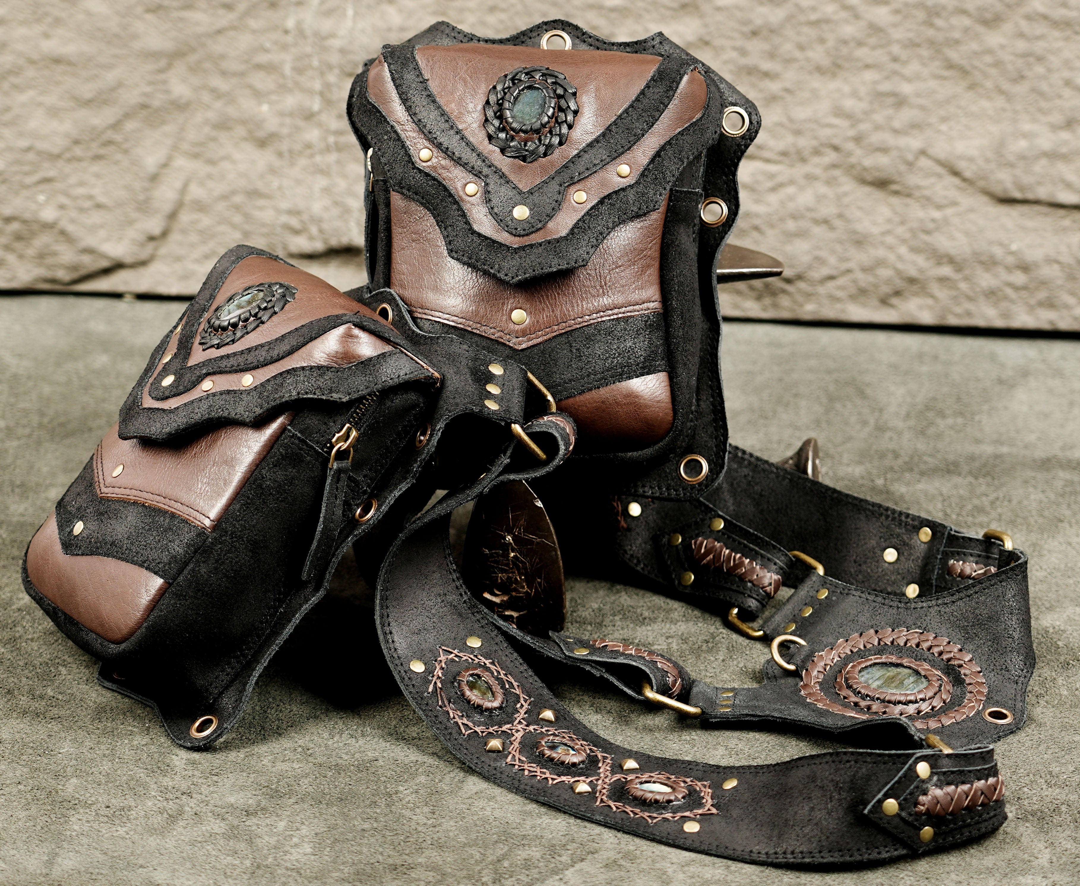 Adjustable Leather Shoulder Harness with Two Pouches