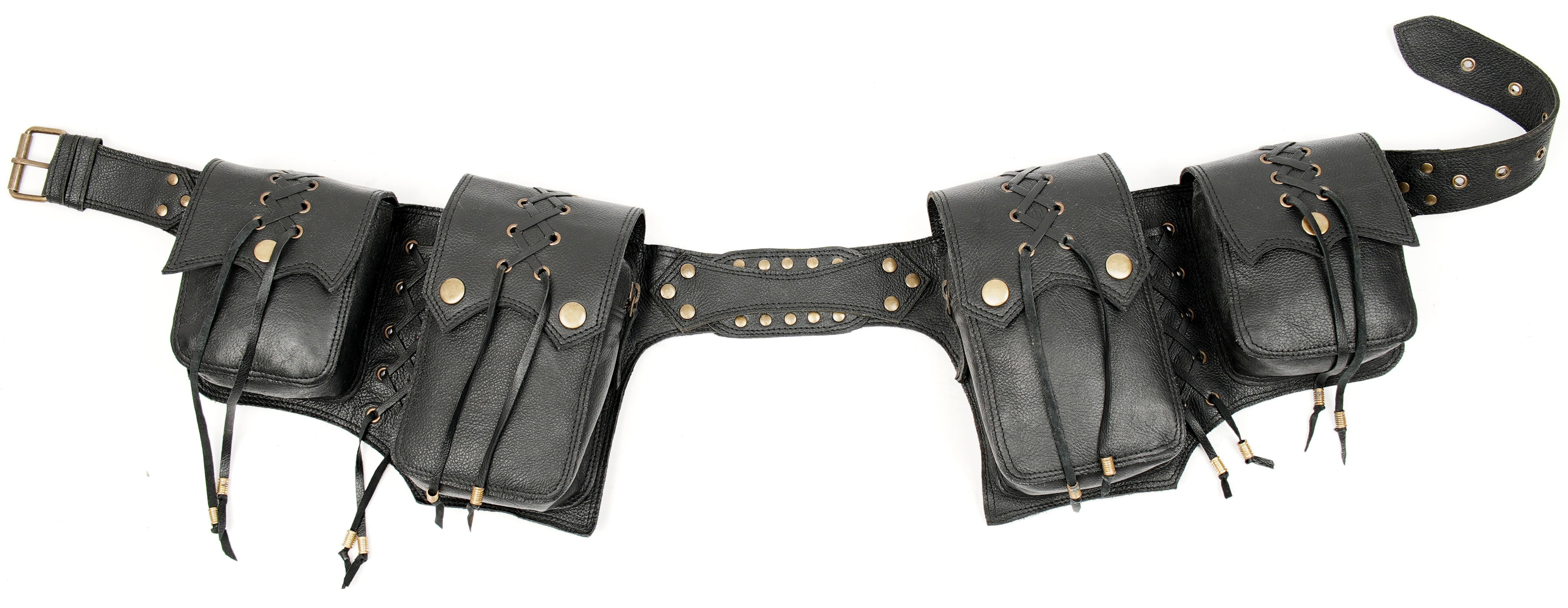 Leather waist bag with lace up details and snap flaps
