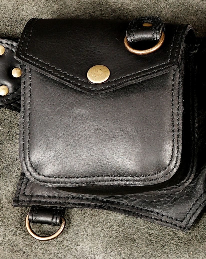 Black leather waist bag with front zip pocket and O-ring detail