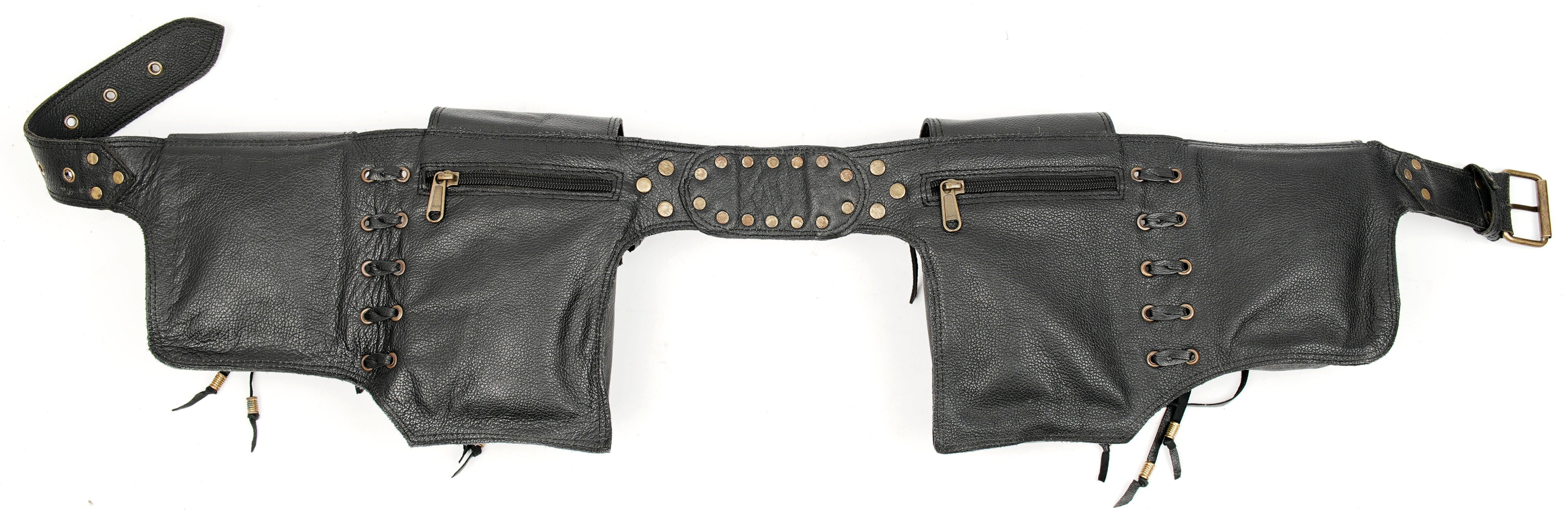 Gothic style black leather belt with multiple pockets