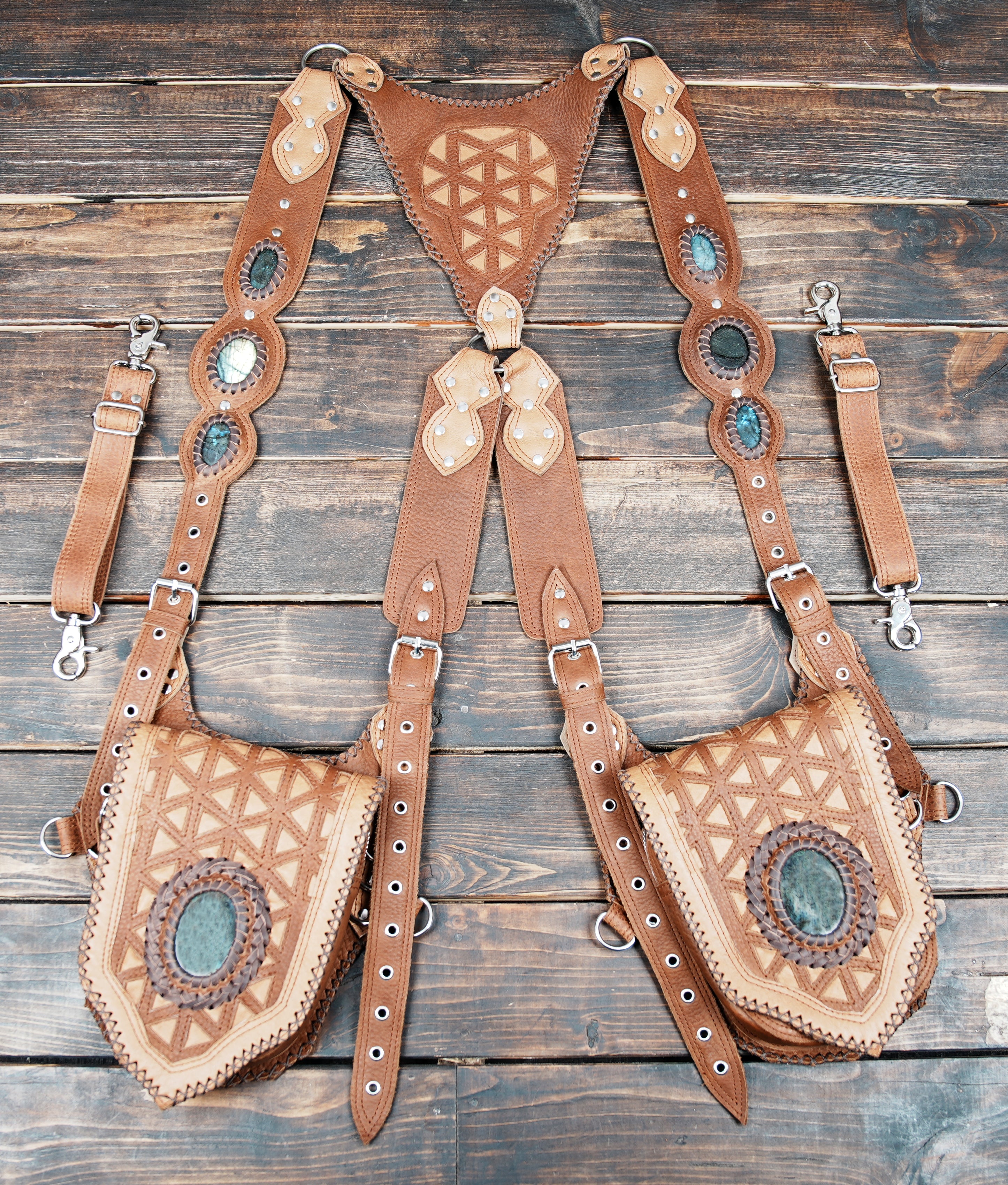 Festival wear leather holster with tribal aesthetics and gemstone detail