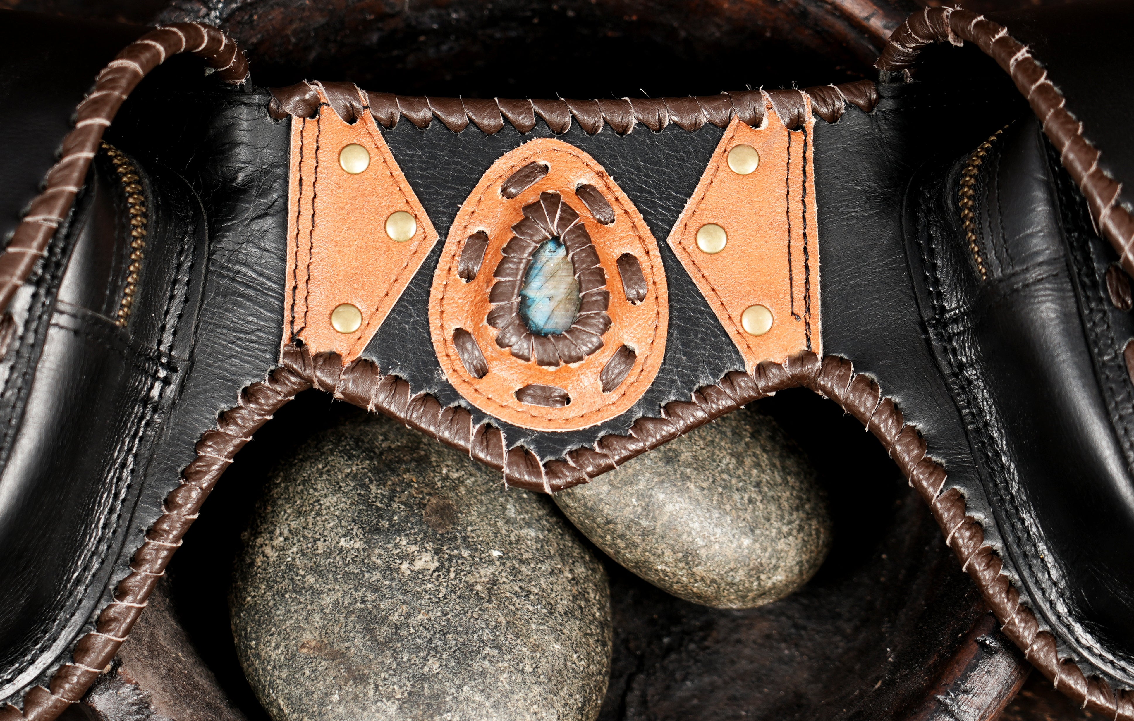 Boho leather belt bag with gemstone centerpiece and metal clasp