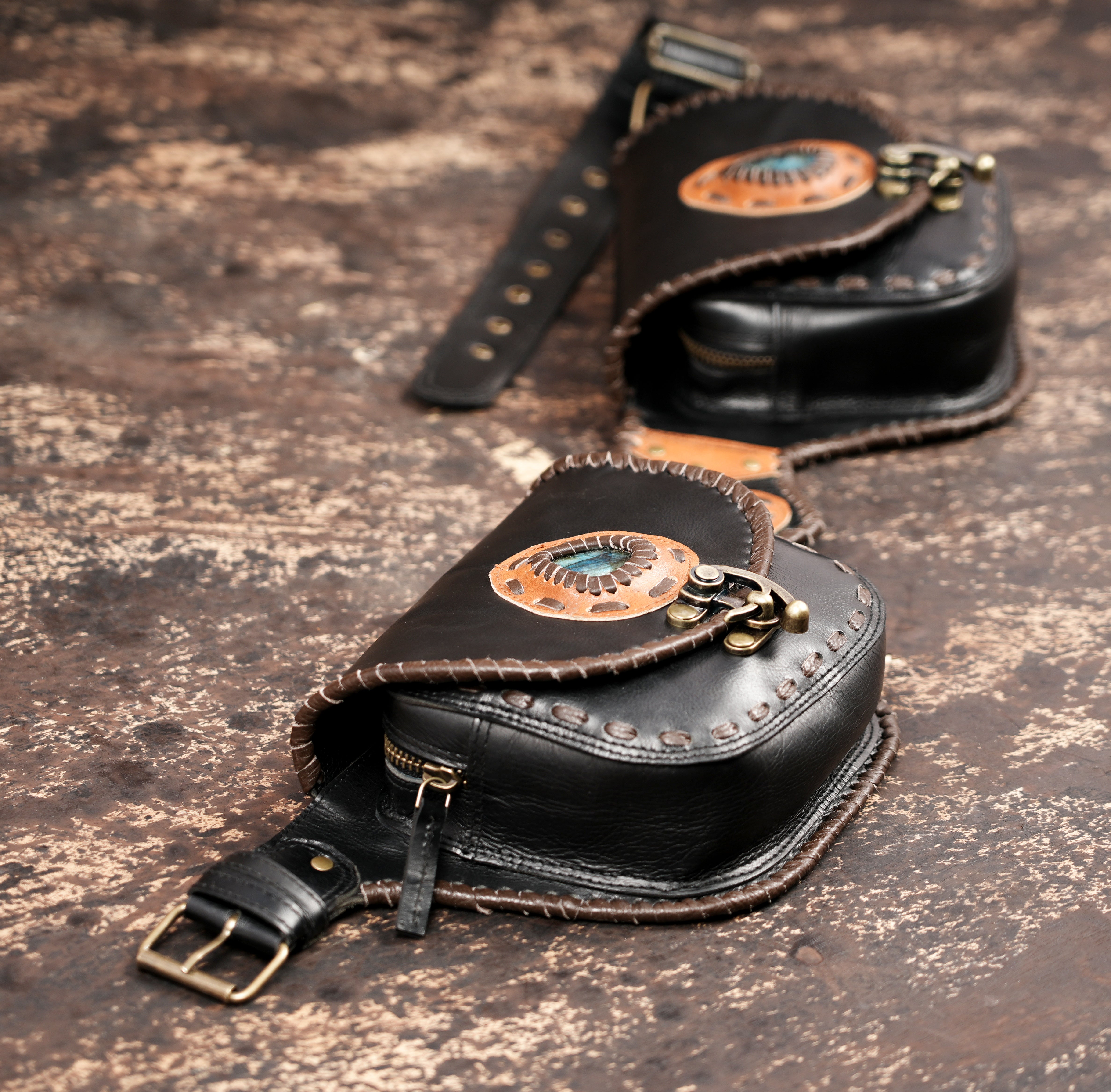 Steampunk inspired leather waist belt with utility pockets