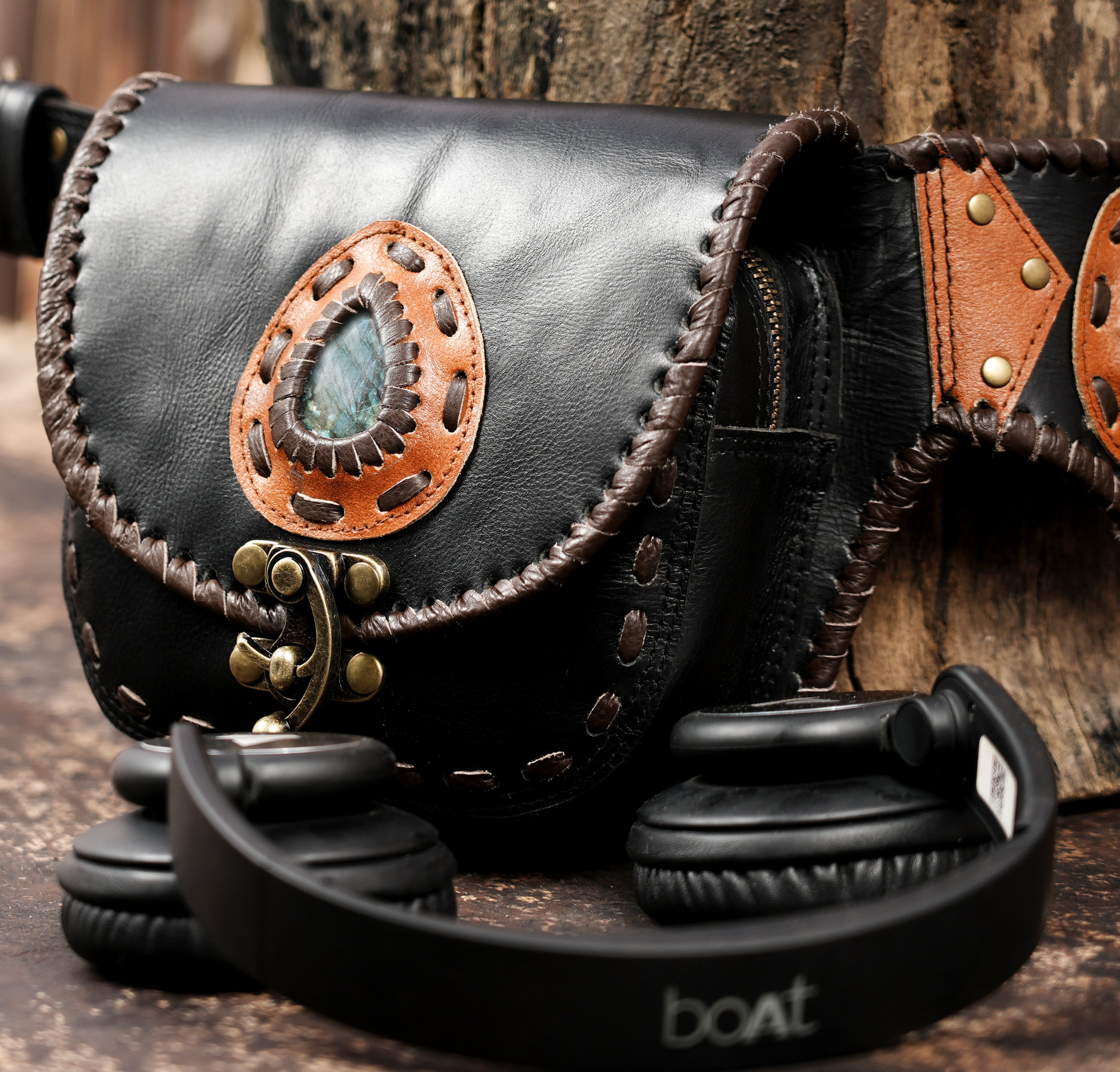 Dual pocket leather hip belt with labradorite stone centerpiece