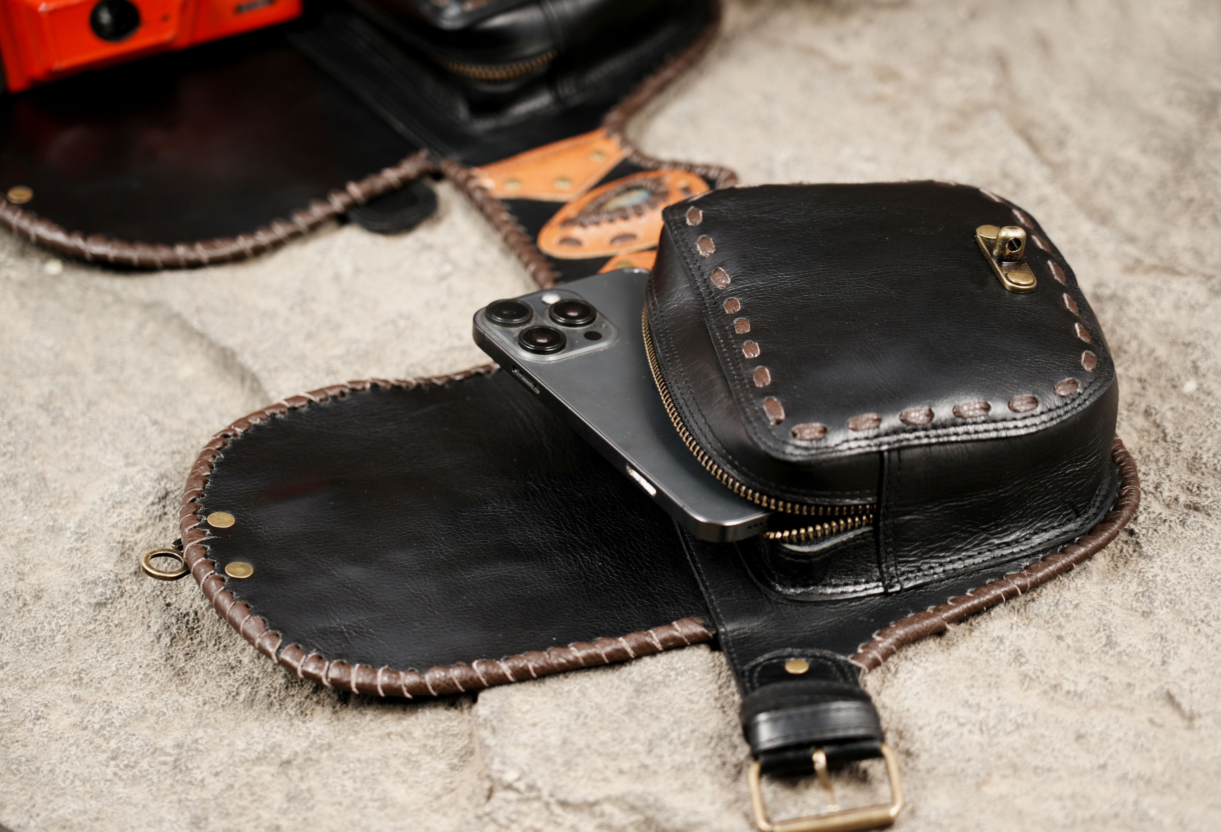 Alternative fashion leather utility belt with two compartments