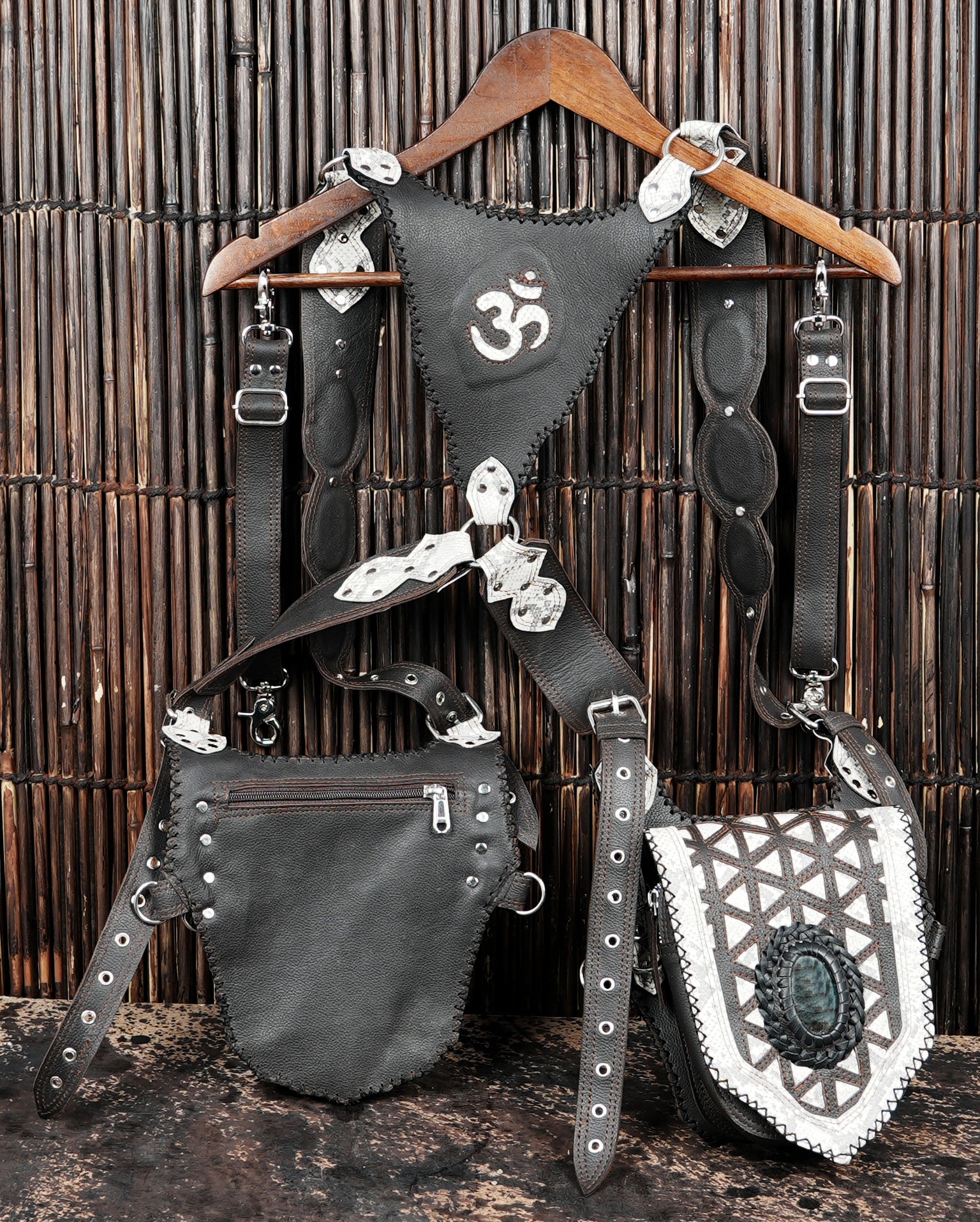 Tribal inspired leather shoulder holster with gemstone inlay pockets